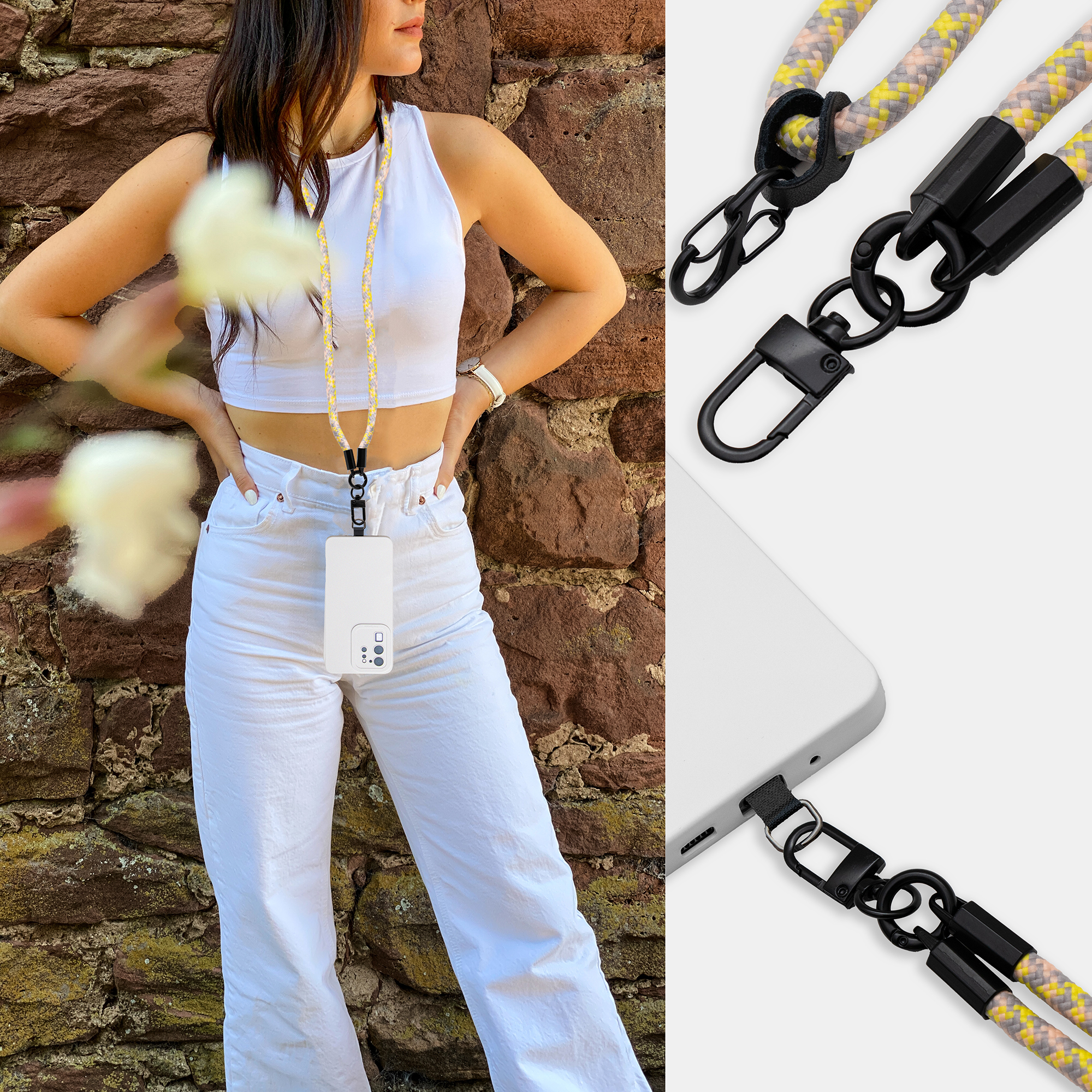 Frau mit gelbem Lanyard und weißem Telefon. Nahaufnahmen von Clips und Telefonanschluss.