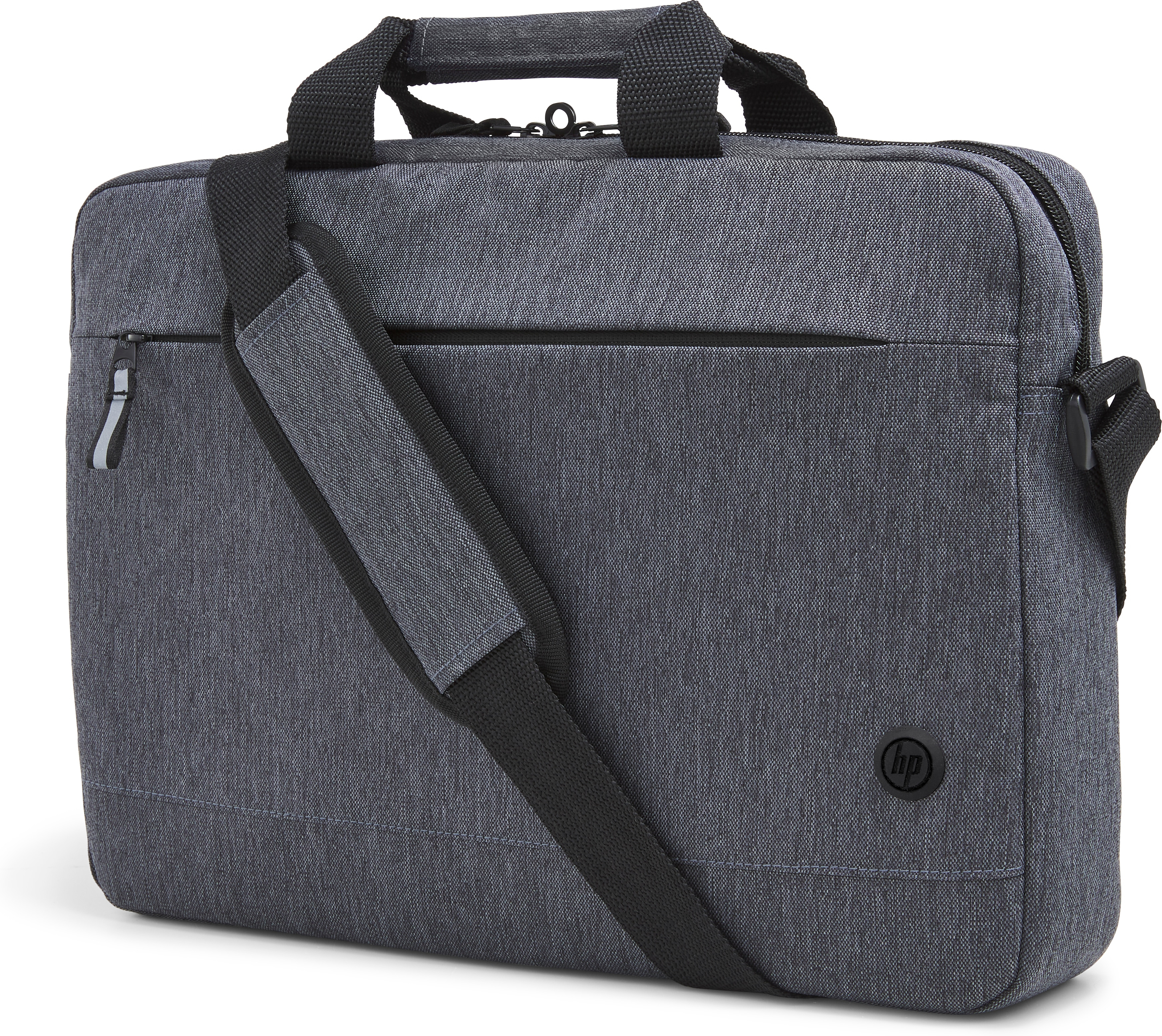 Bolsa para portátil HP gris con correa para el hombro y asa. Logotipo negro de HP al frente.
