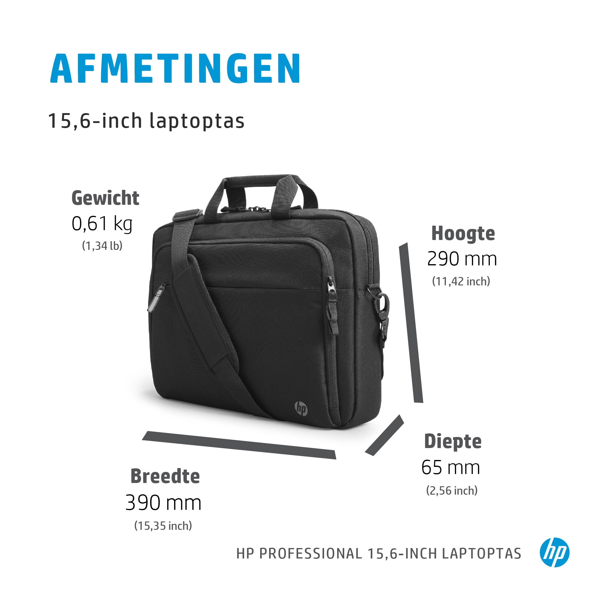 Schwarze Laptoptasche mit Maßen: Breite 390mm, Höhe 290mm, Tiefe 65mm.