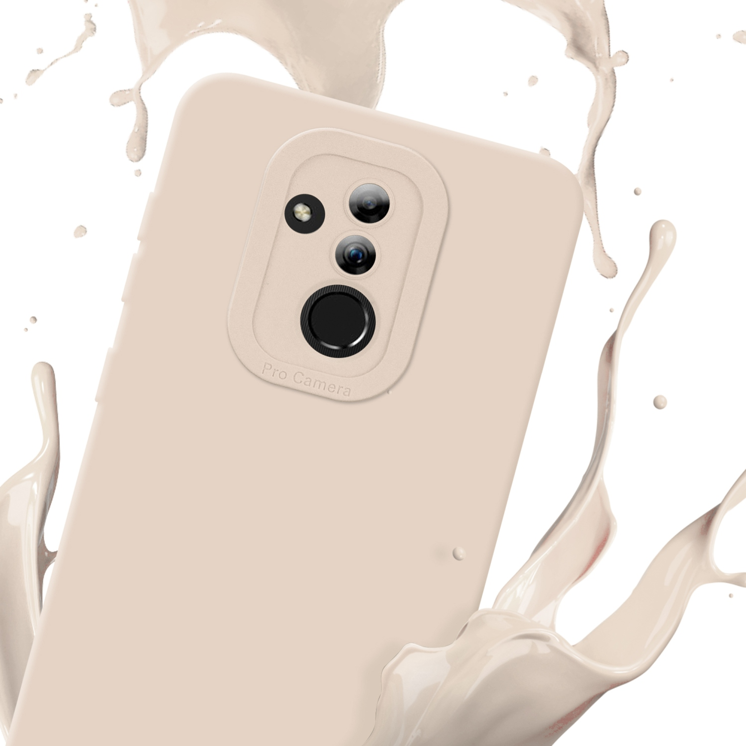 Custodia per telefono color crema con configurazione a tripla fotocamera e schizzo di liquido.