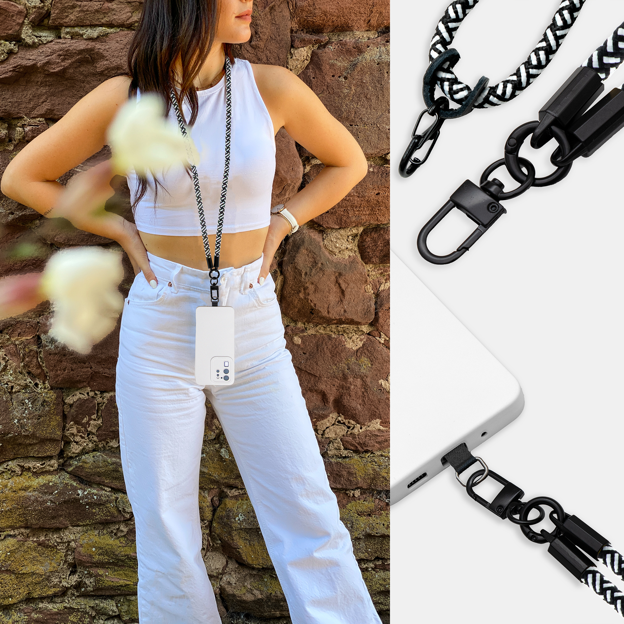 Frau mit schwarz-weißem Lanyard und weißem Telefon. Nahaufnahmen von Clips und Anschluss.
