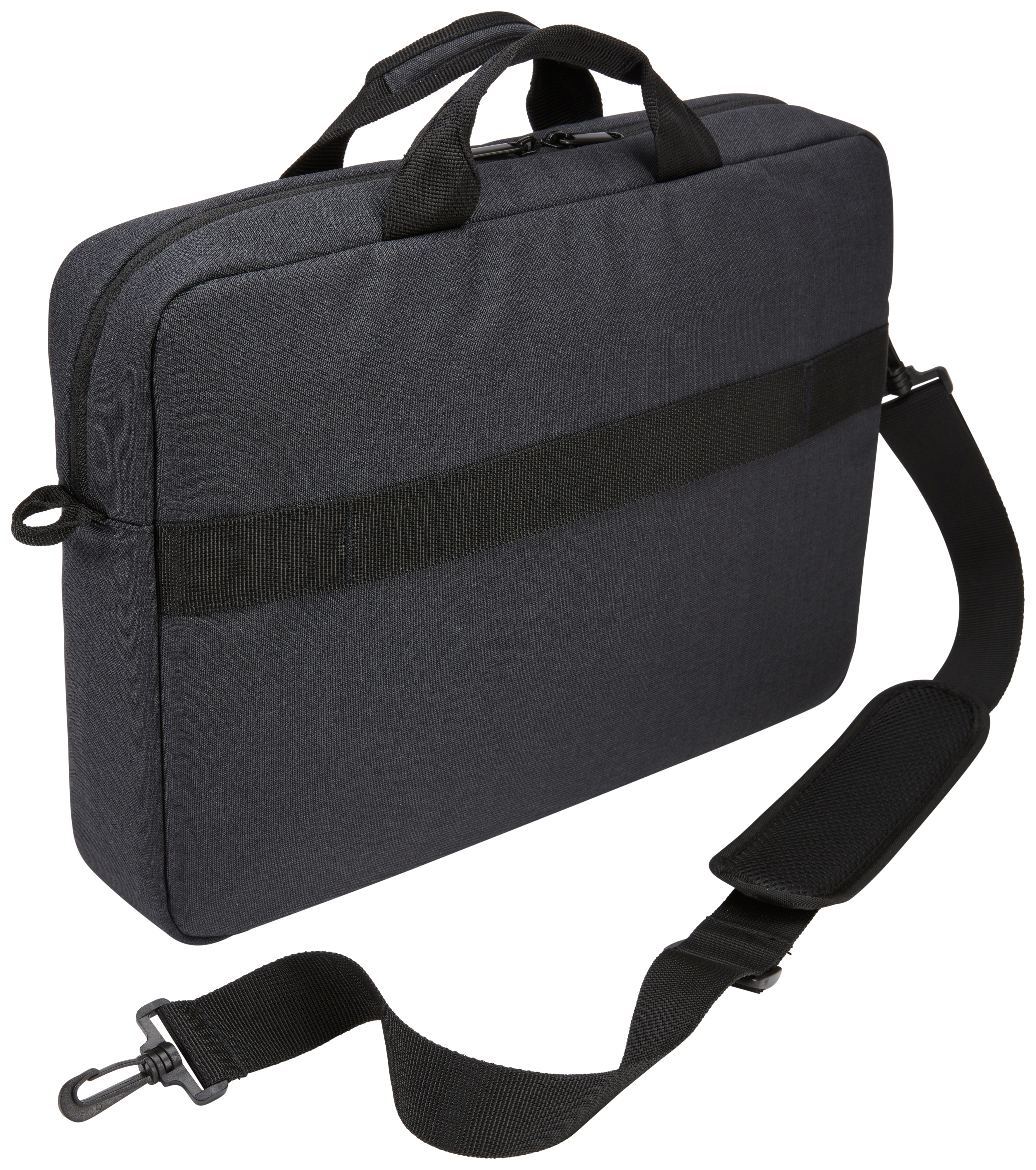 Borsa per laptop nera con tracolla e manici. La borsa è chiusa.