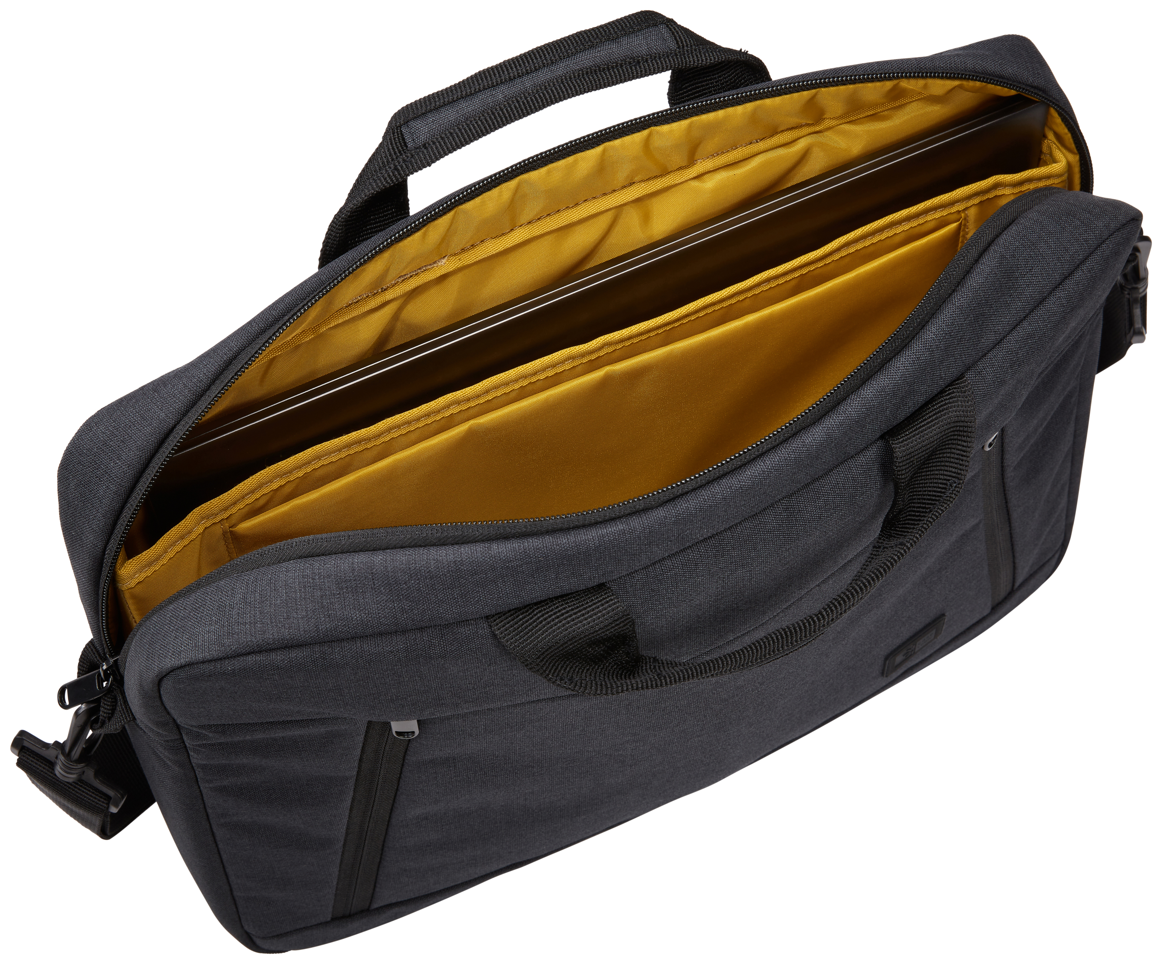 Borsa per laptop nera aperta. La borsa ha una maniglia, una cerniera e un interno giallo con un laptop.