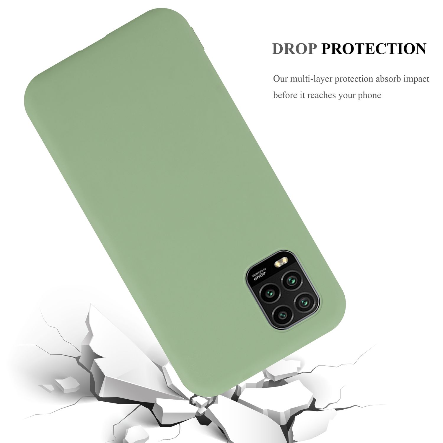 Una custodia verde con un telefono sopra, che rompe una superficie. Testo: PROTEZIONE CADUTA. La nostra protezione multistrato...