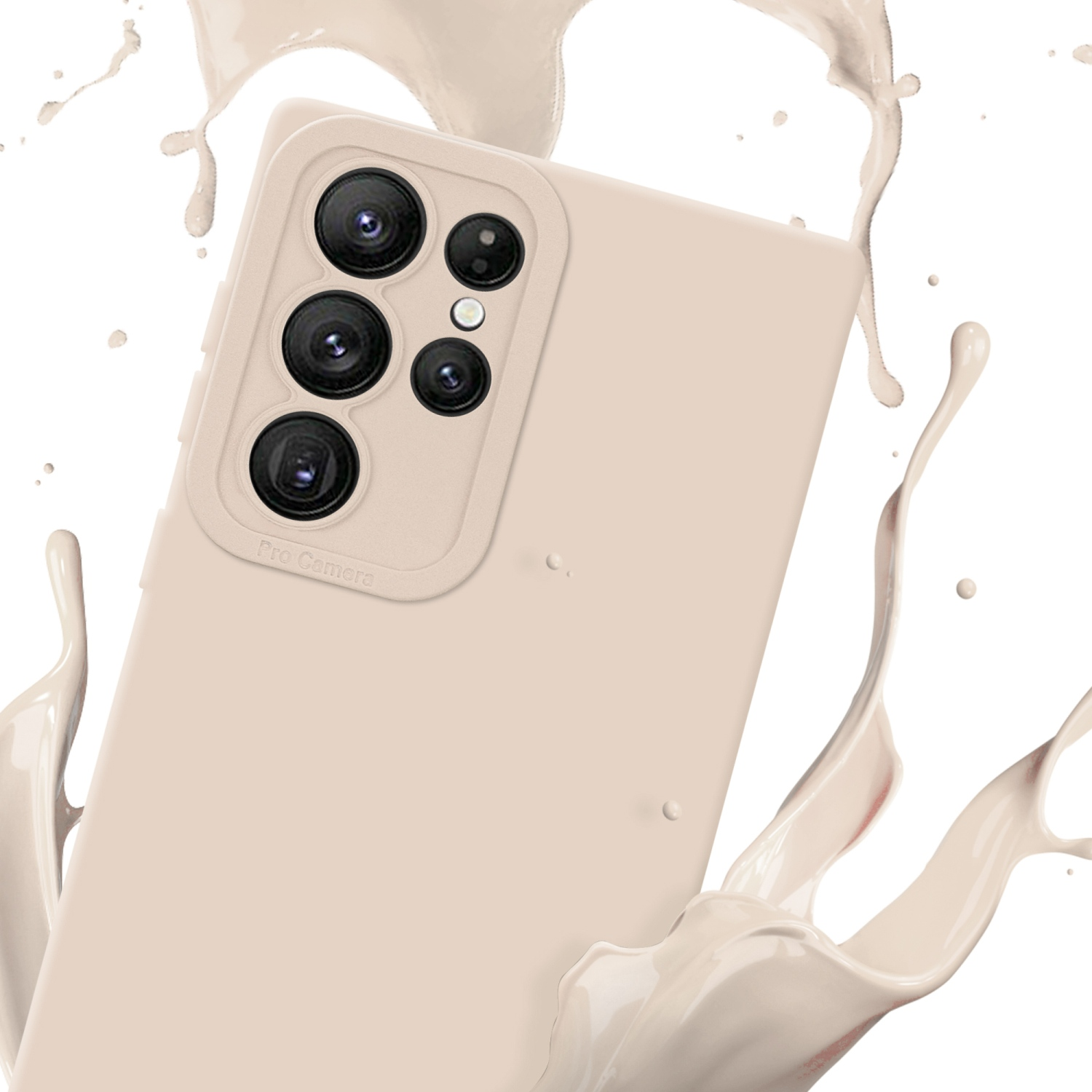 Coque de téléphone beige avec plusieurs caméras et éclaboussures de liquide blanc.