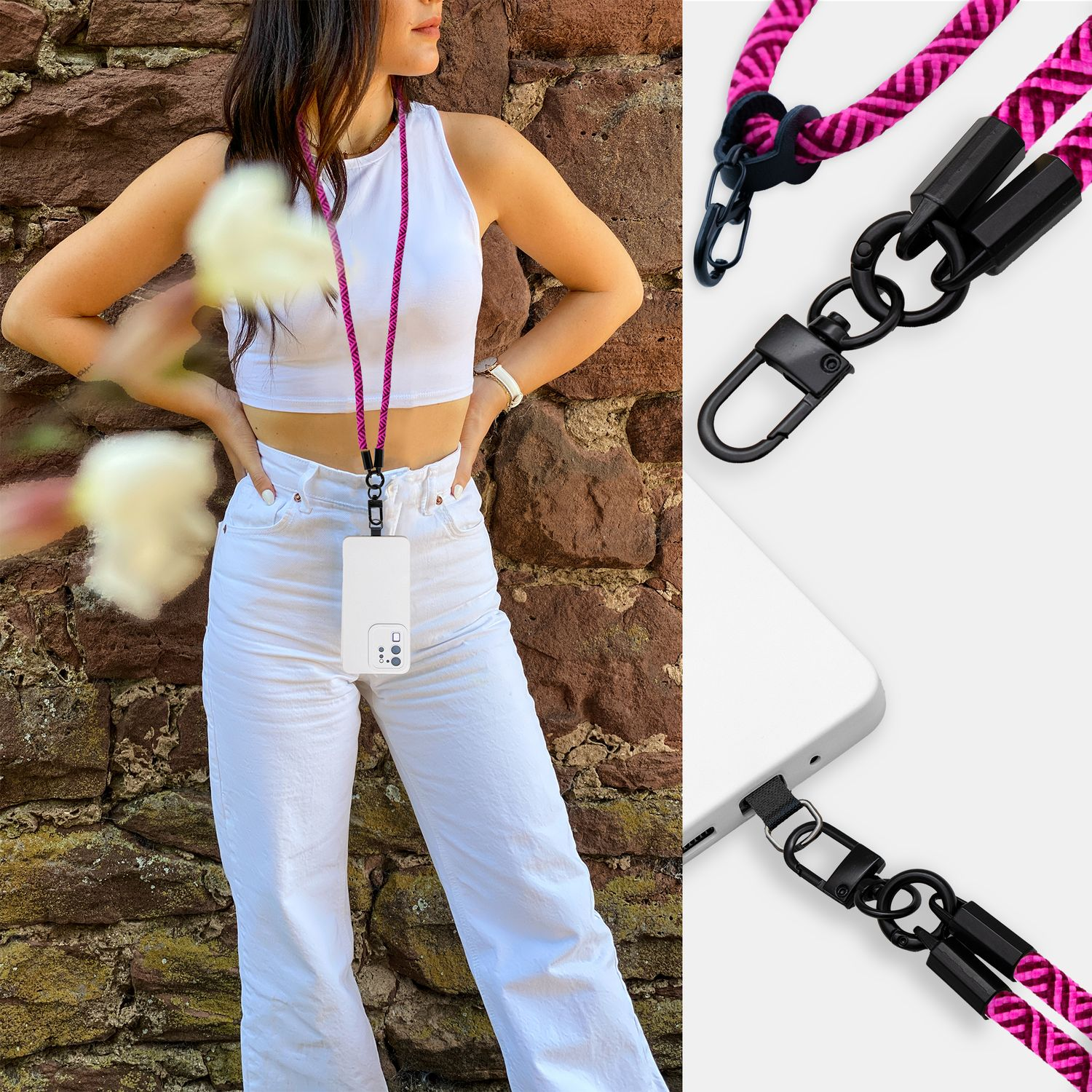 Frau mit pinkfarbenem Lanyard und weißem Telefon. Nahaufnahmen von Clips und Anschluss.