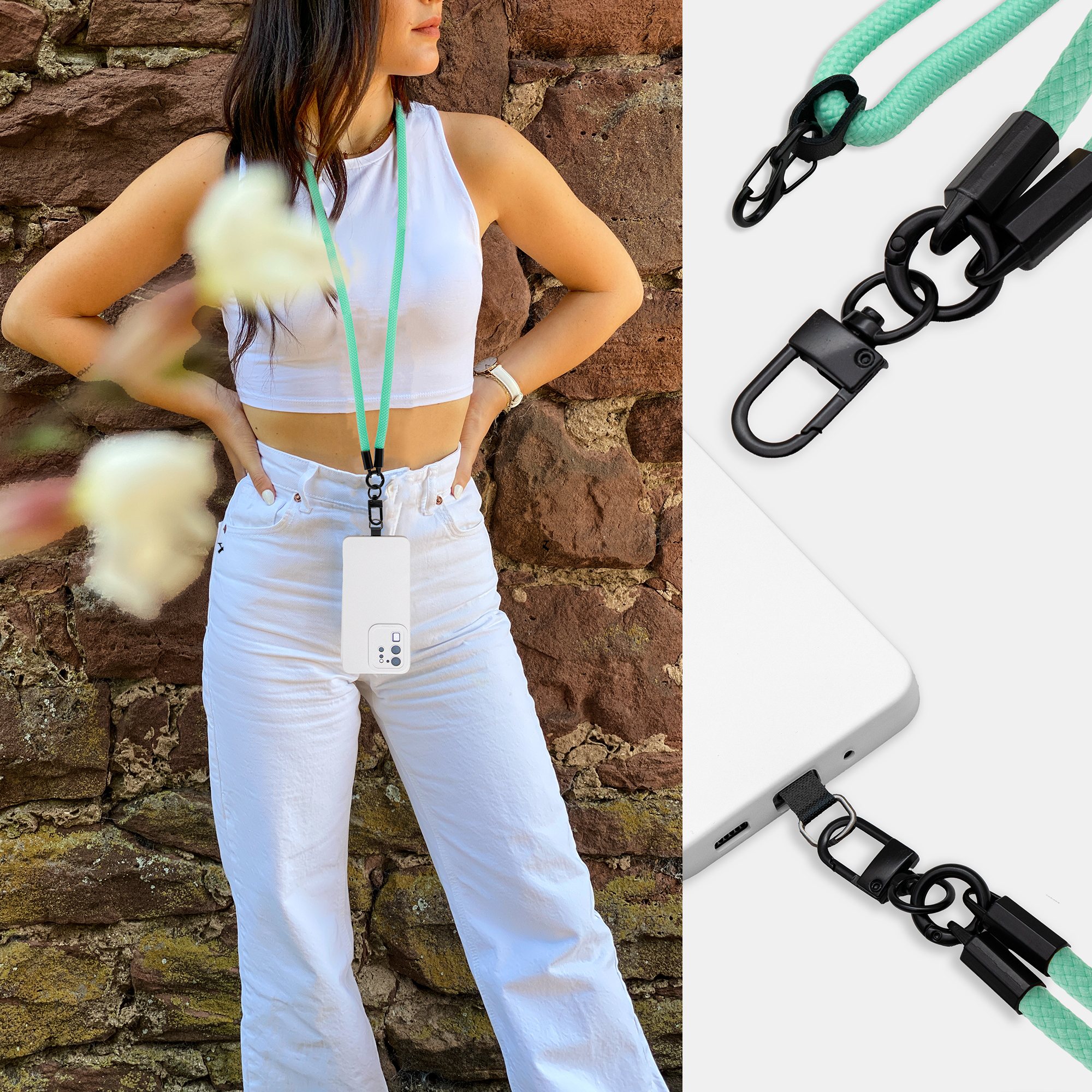 Frau mit mintgrünem Lanyard und weißem Telefon. Nahaufnahmen von Clips und Anschluss.