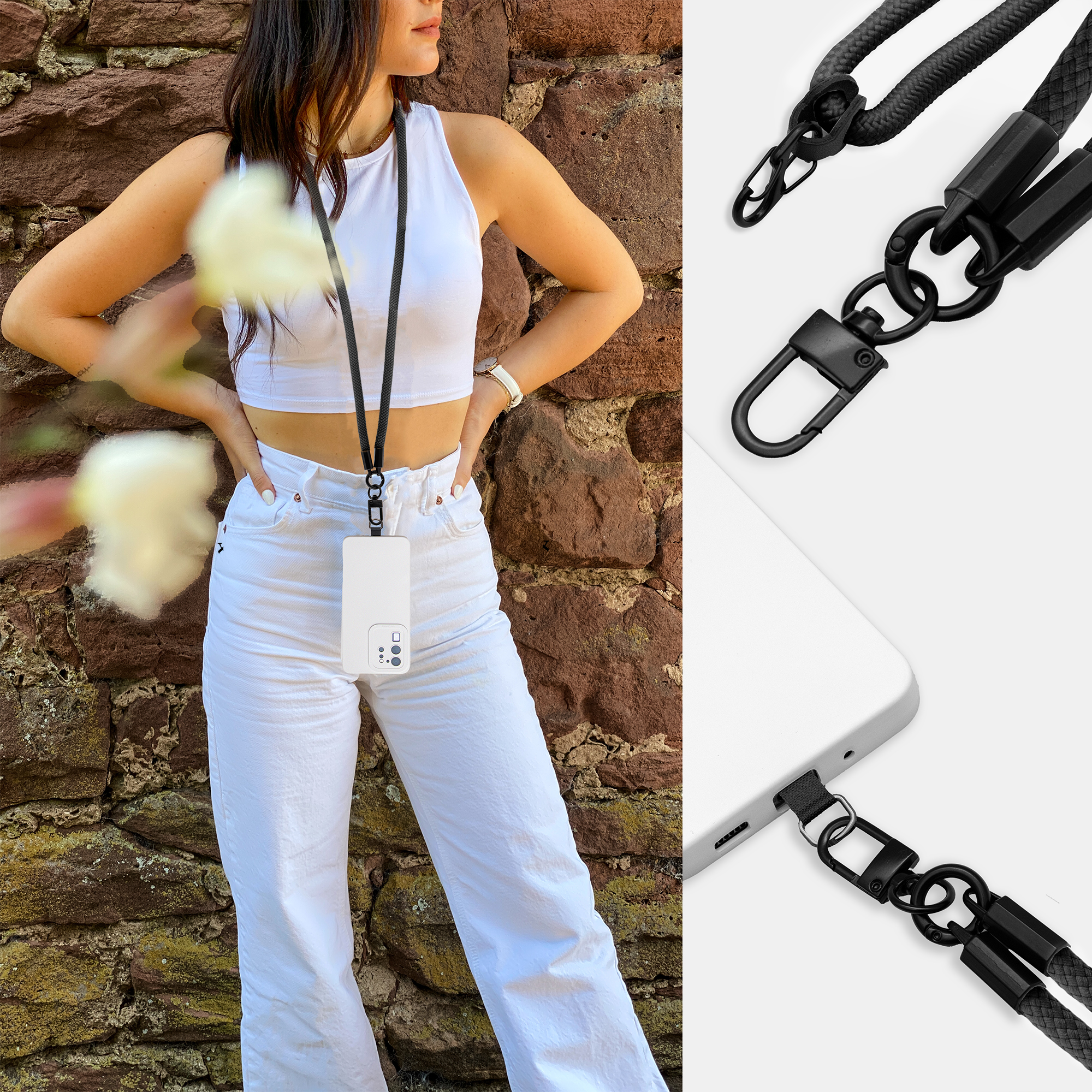 Frau in weißem Oberteil und Jeans mit einem Telefon-Lanyard. Detailaufnahmen von Lanyard und Handyhülle.