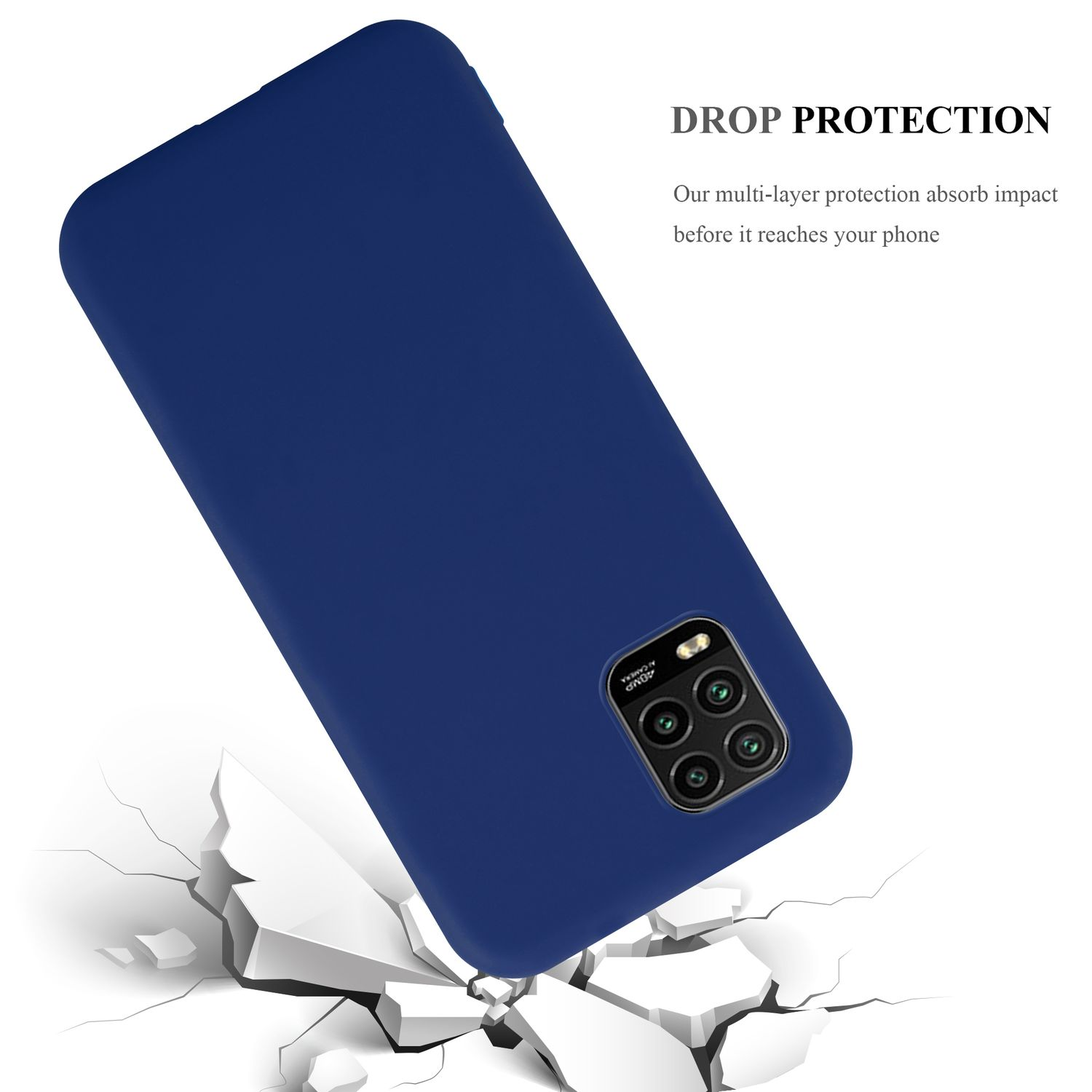 Custodia blu per telefono, che mostra un telefono con più fotocamere, su sfondo bianco.
