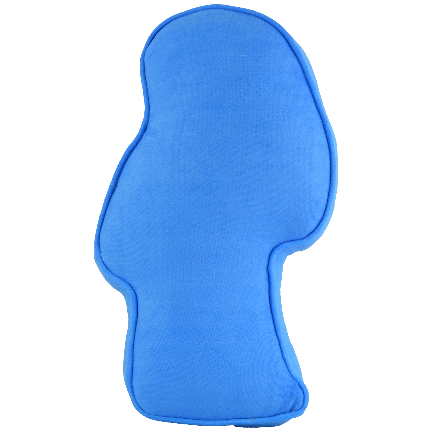 Blaues Kissen mit einzigartiger Form und hellblauem Rand. Weißer Hintergrund.