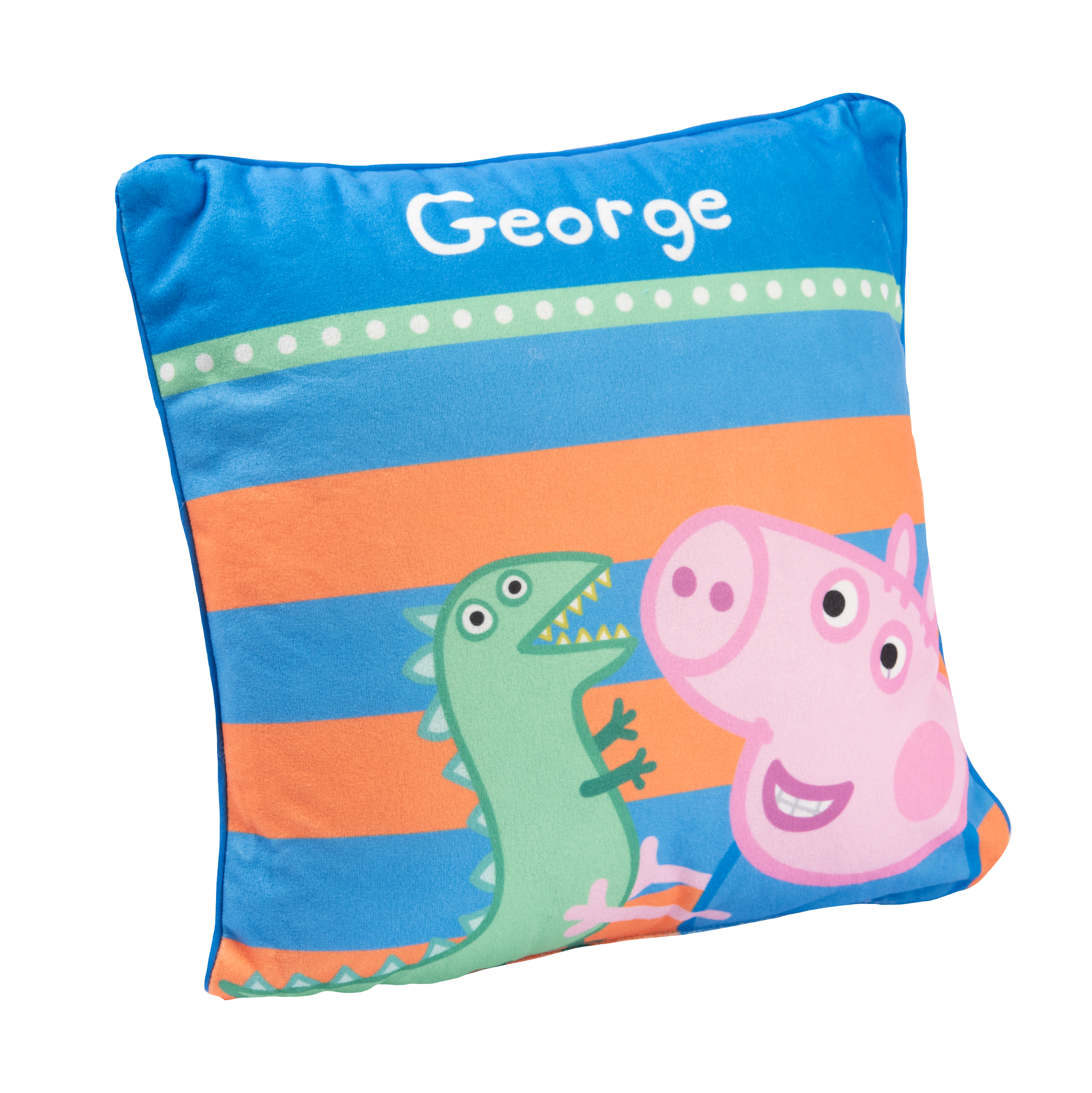 Blaues Kissen mit George-Aufdruck, grünem Dinosaurier und rosa Schwein. Orange-blaues Streifenmuster.