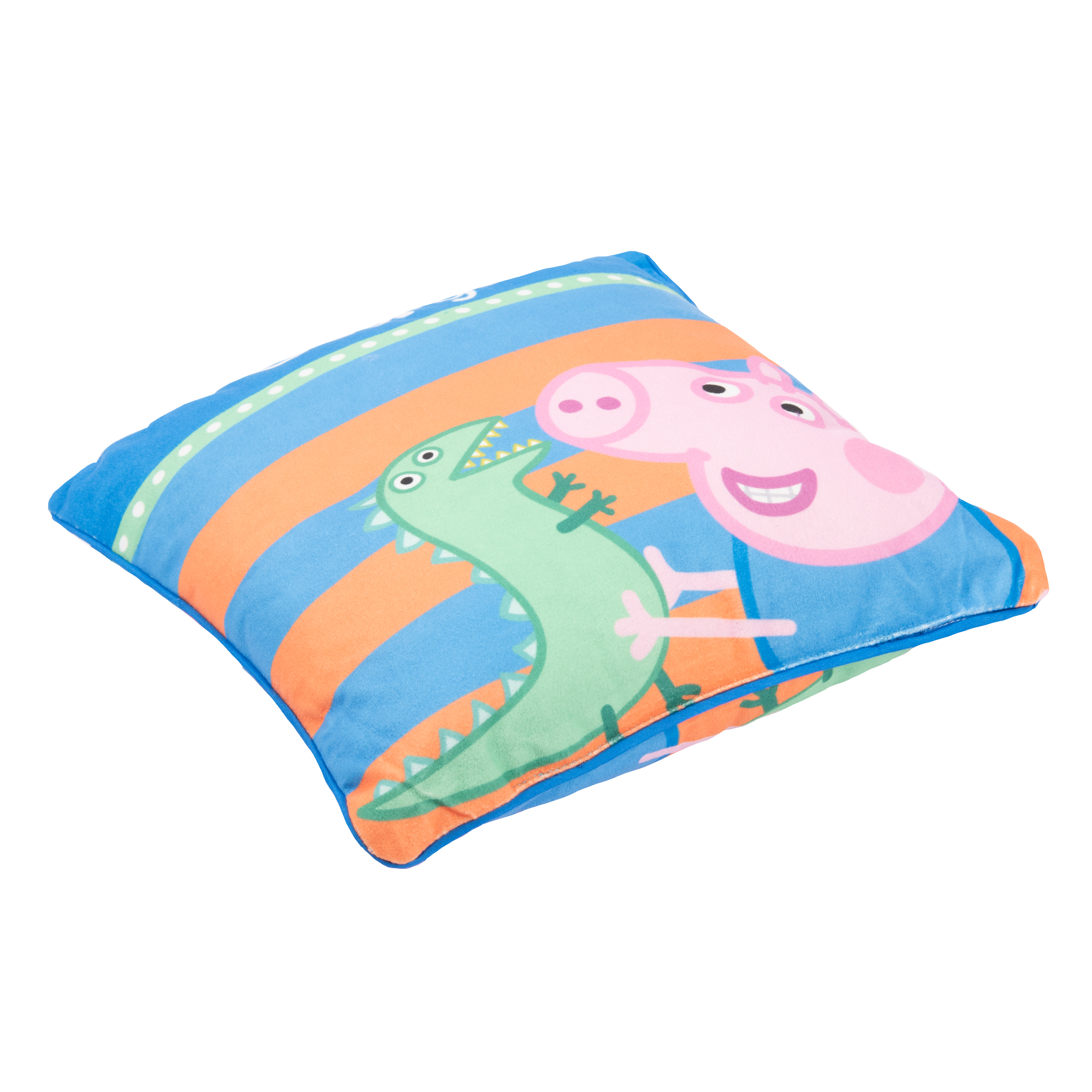 Quadratisches Kissen mit Peppa Wutz und einem Dinosaurier. Blaue und orangefarbene Streifen im Hintergrund.