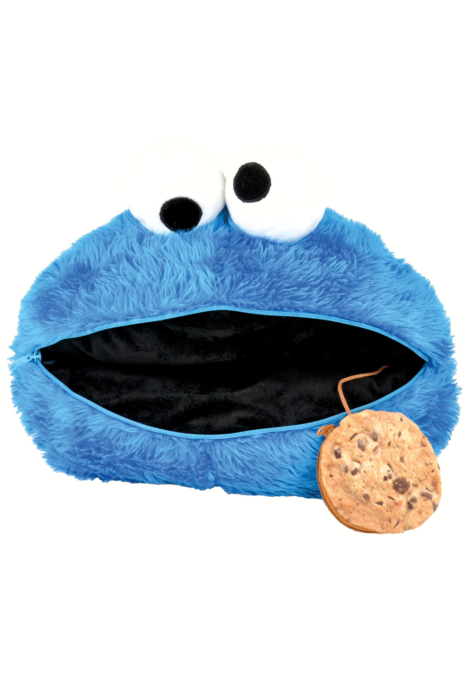 Krümelmonster-Plüschtasche mit offenem Mund. Eine Cookie-Geldbörse ist innen. Blaues Fell, schwarzes Innere.