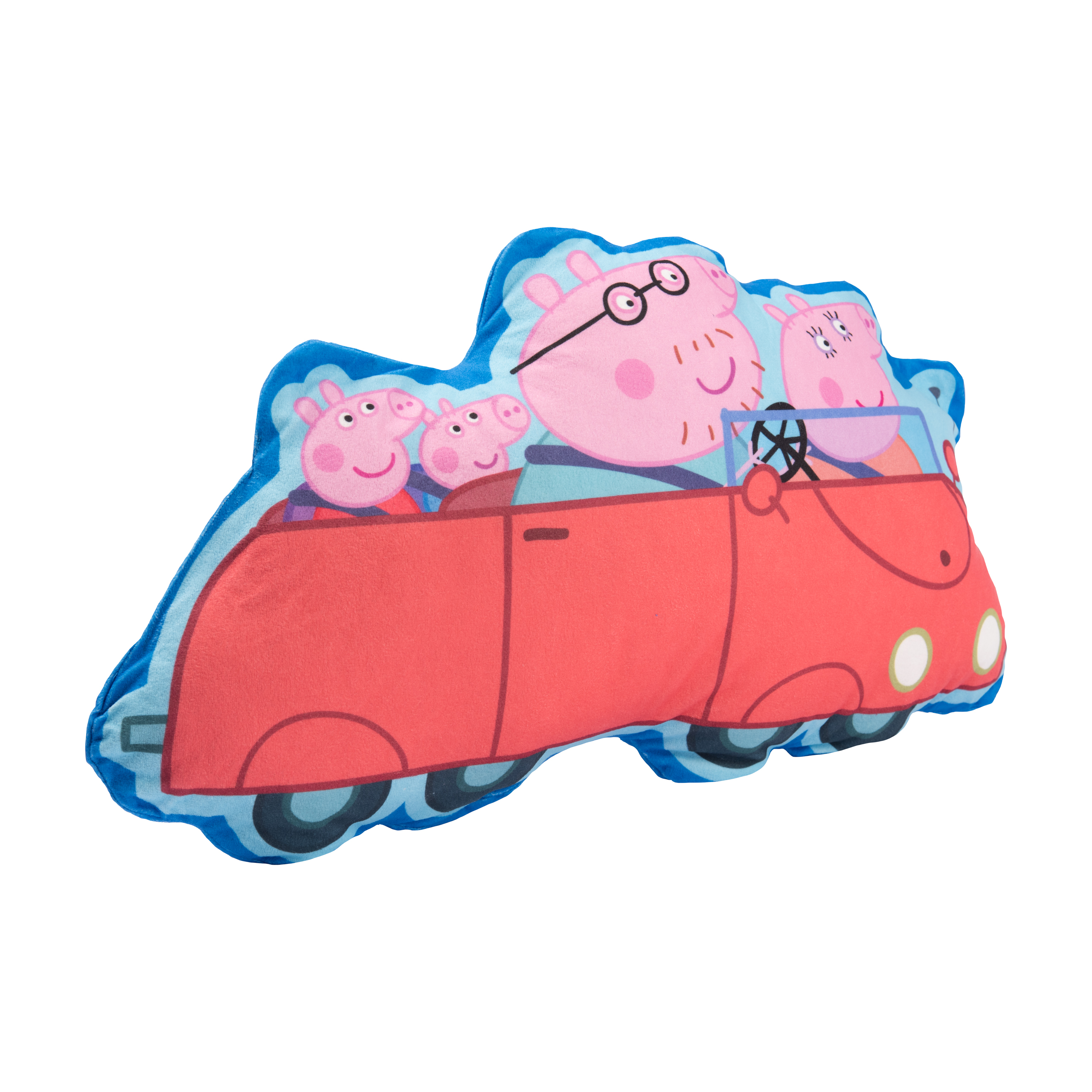 Ein Peppa Pig-Kissen in Form eines Autos mit Peppa Pig-Familie.