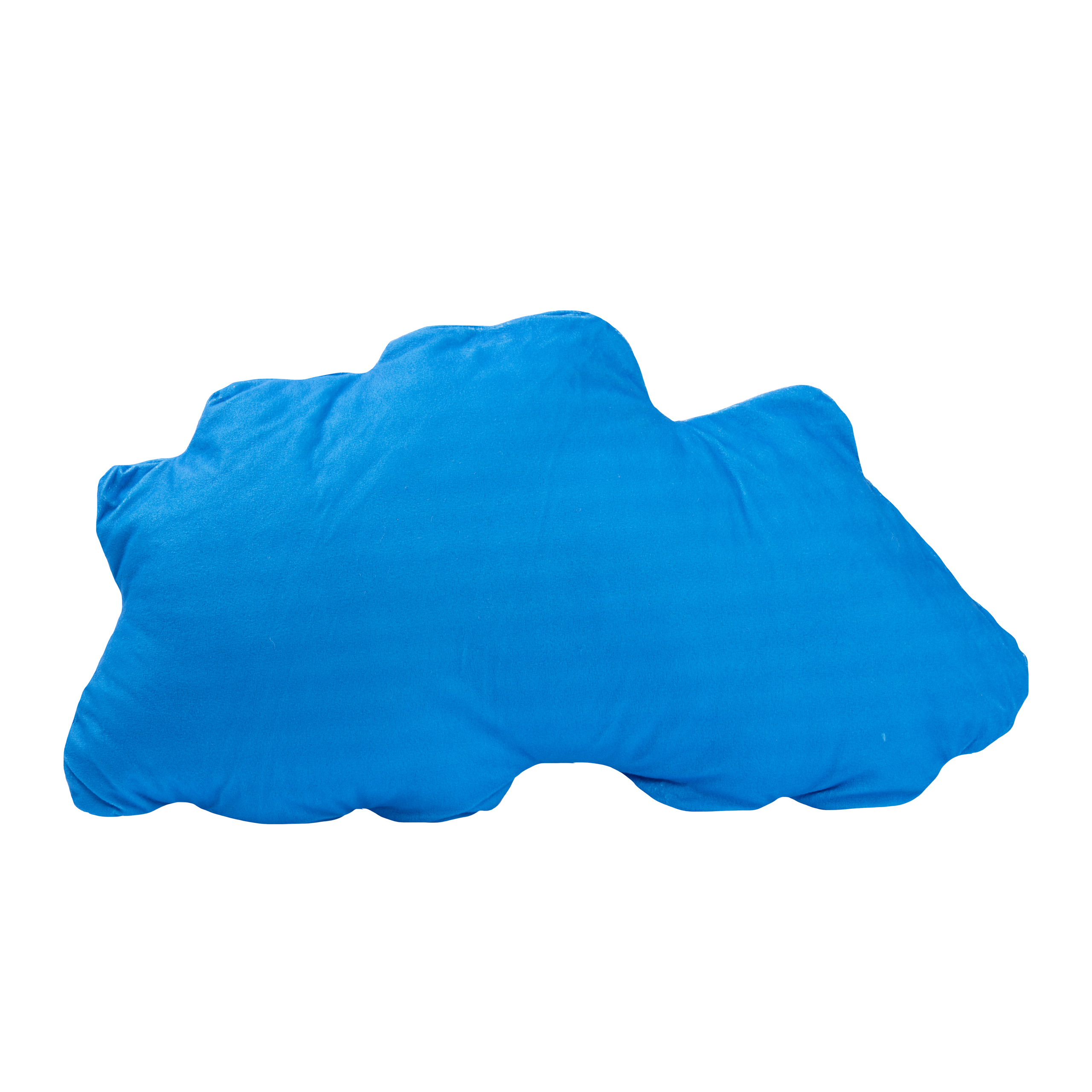 Blaues wolkenförmiges Kissen auf weißem Hintergrund.