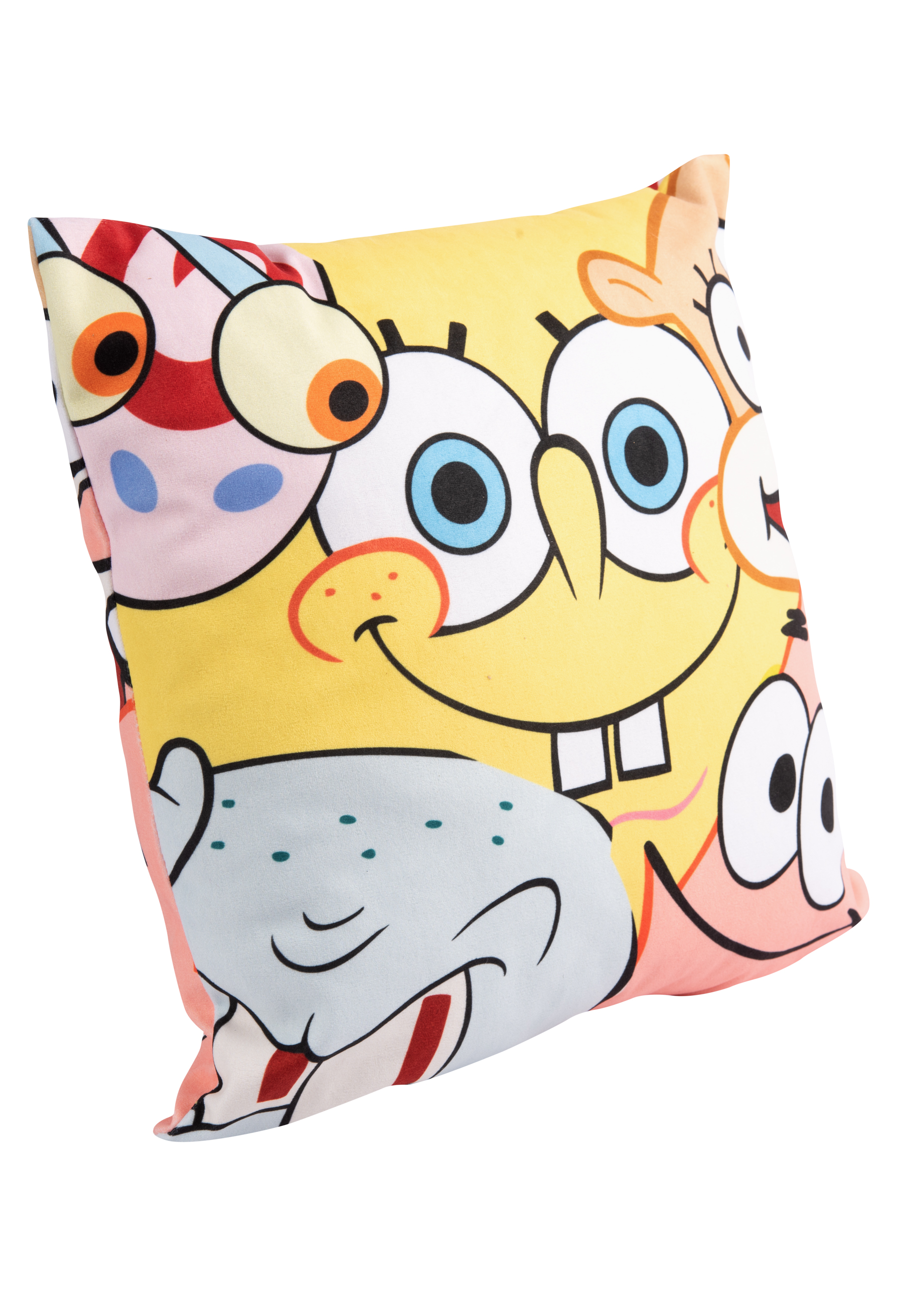Ein Kissen mit SpongeBob, Patrick und anderen Charakteren in einem farbenfrohen Cartoon-Design.
