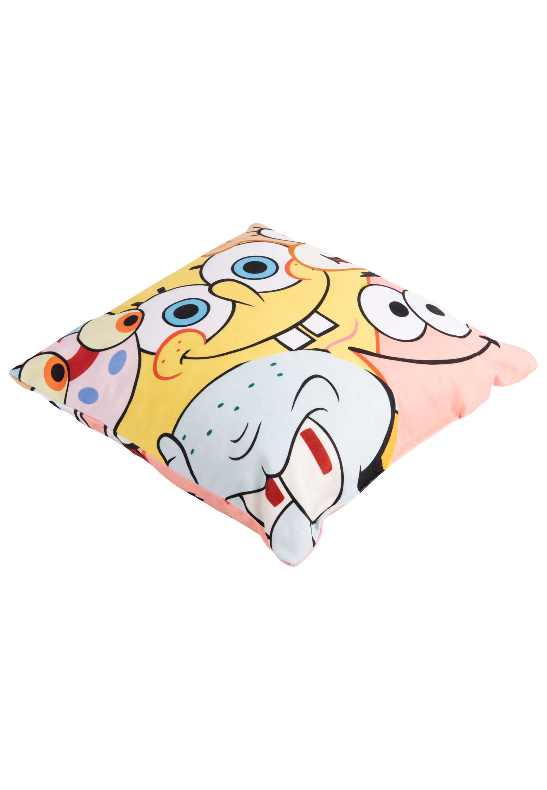 Quadratisches Kissen mit SpongeBob, Patrick und Thaddäus. Gelbe und rosa Farben.