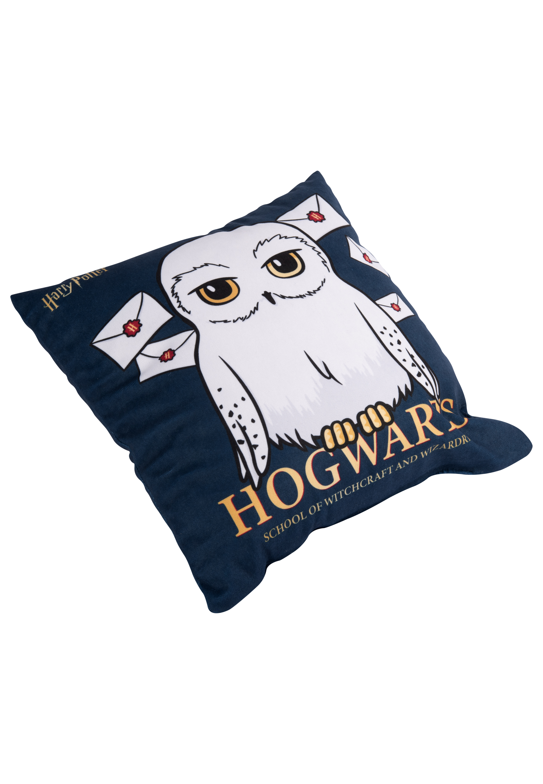 Ein blaues Kissen mit Eule und Briefen. Text: Hogwarts Schule für Hexerei.