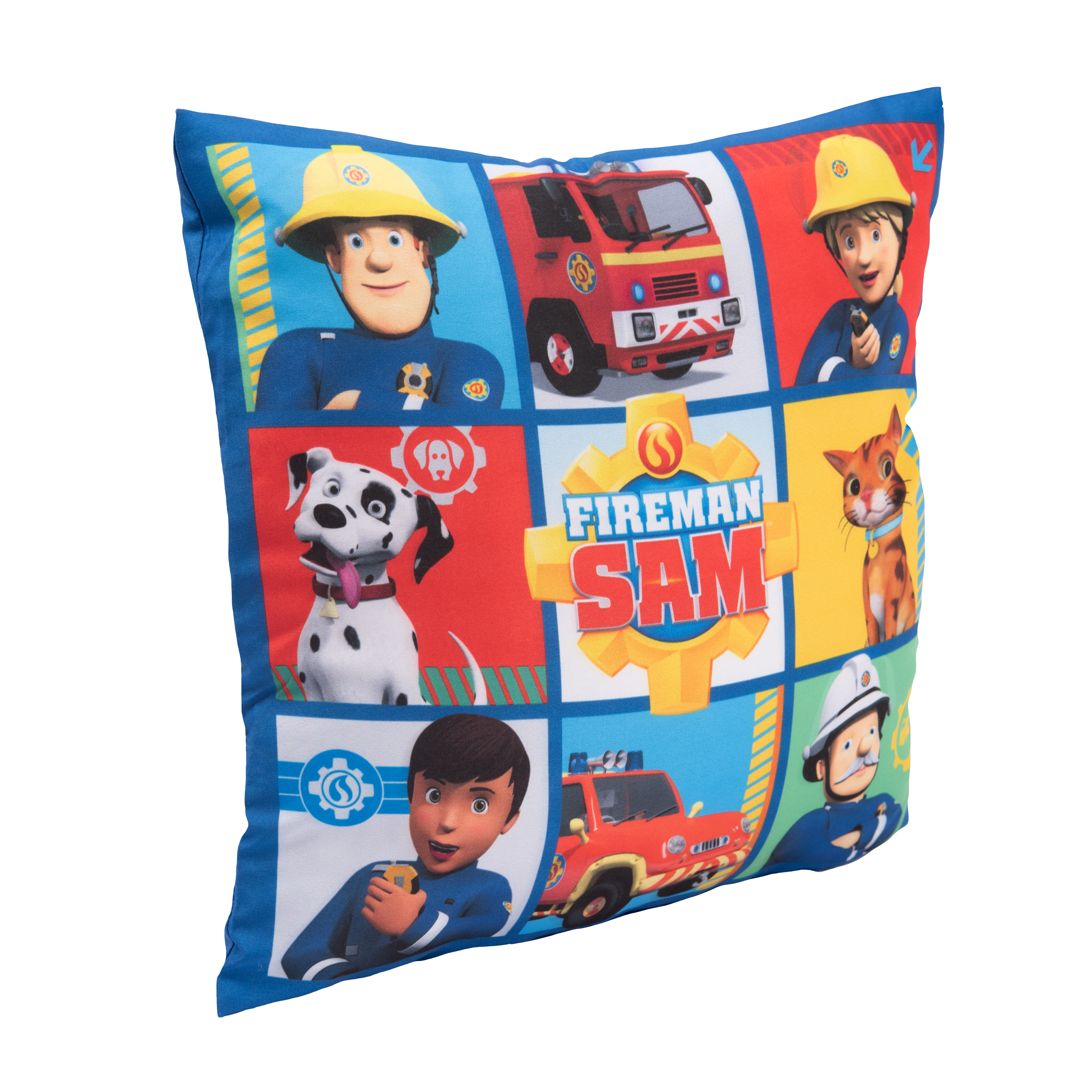 Feuerwehrmann Sam Kissen mit mehreren Zeichentrickfiguren in einem Rasterlayout.