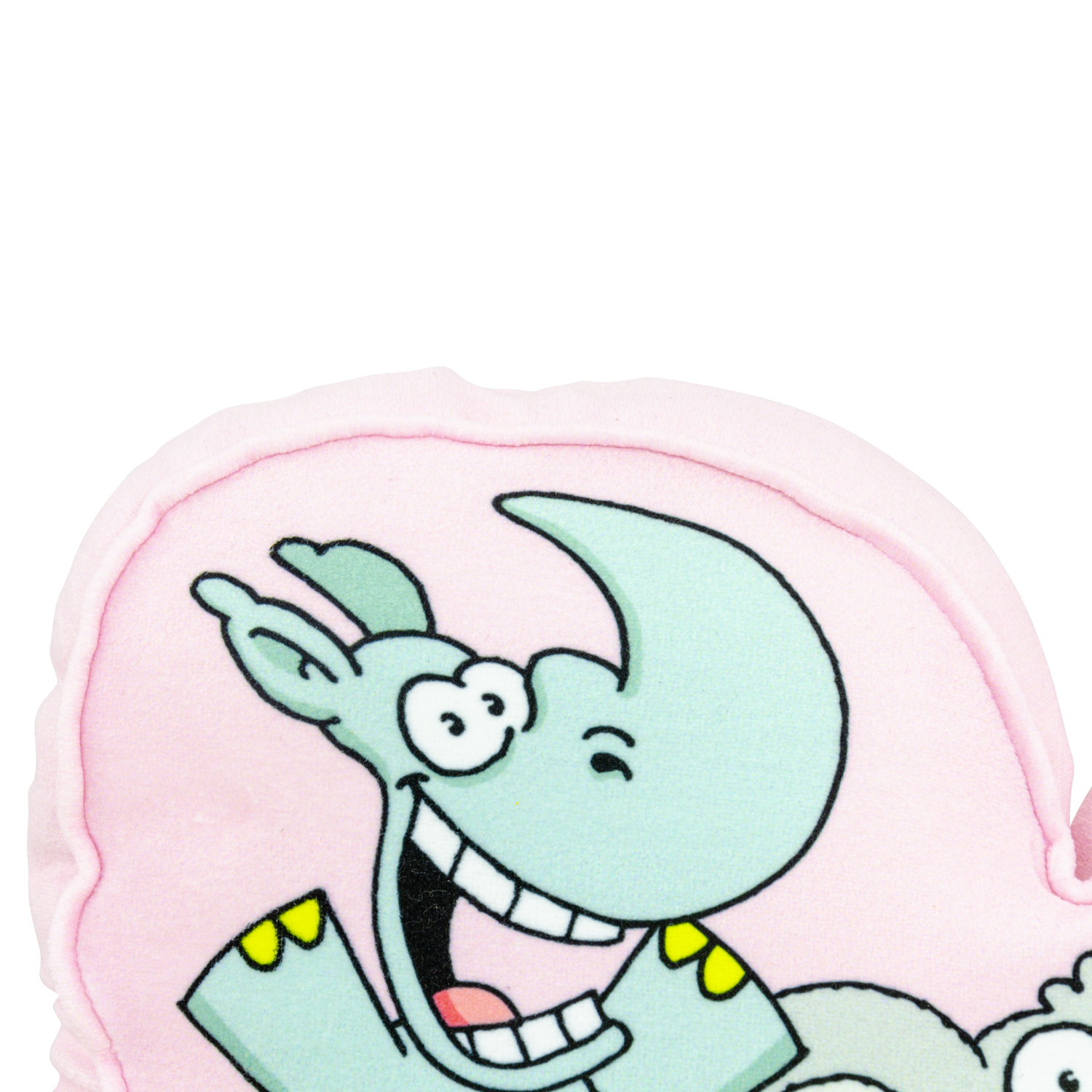 Ein Cartoon-Nashorn mit einem breiten Lächeln auf einem rosa Kissen. Es hat einen grünen Körper und gelbe Details.