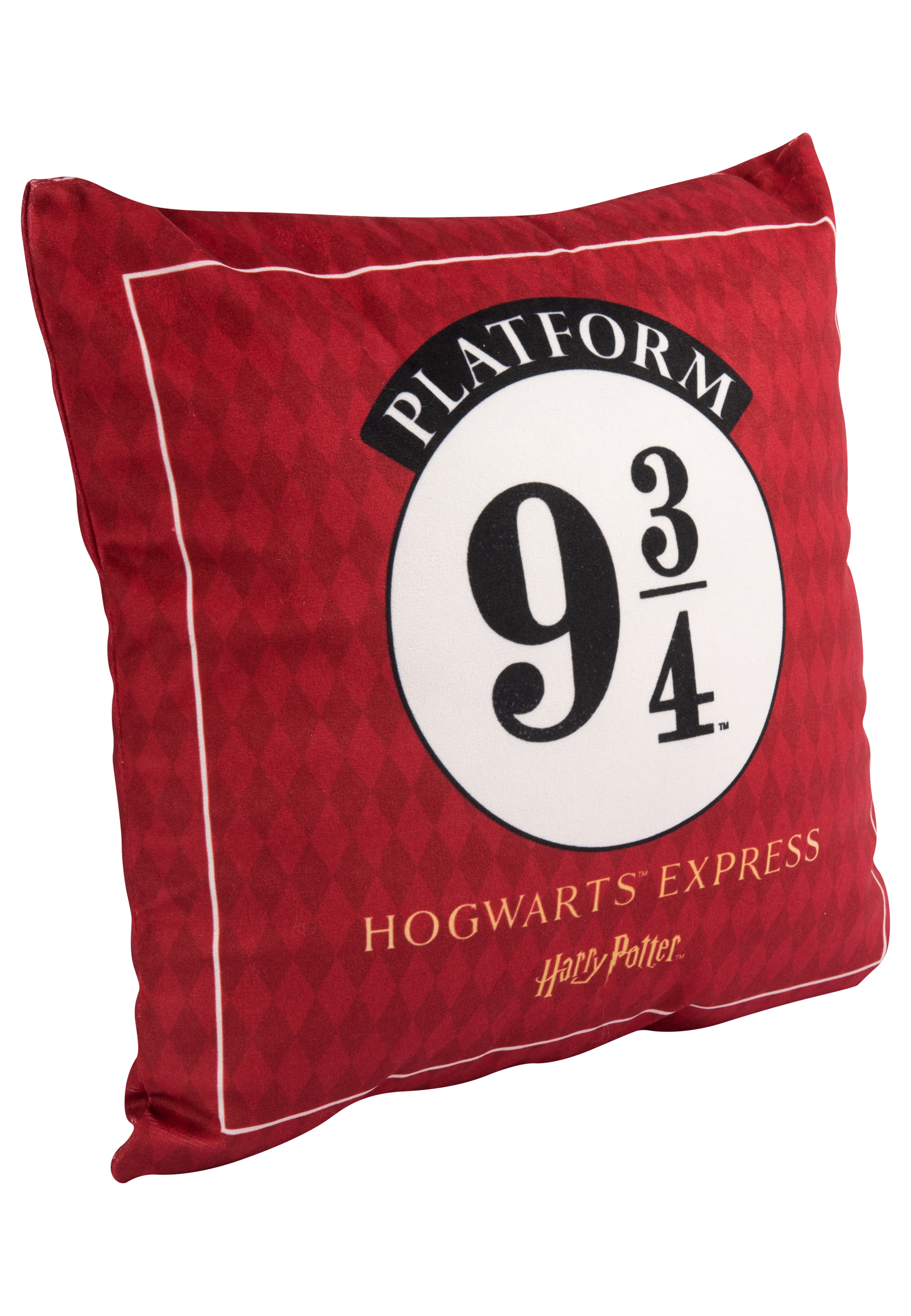 Rotes Kissen mit Hogwarts Express und Bahnsteig 9 3/4 Logo. Hintergrund mit Diamantmuster.
