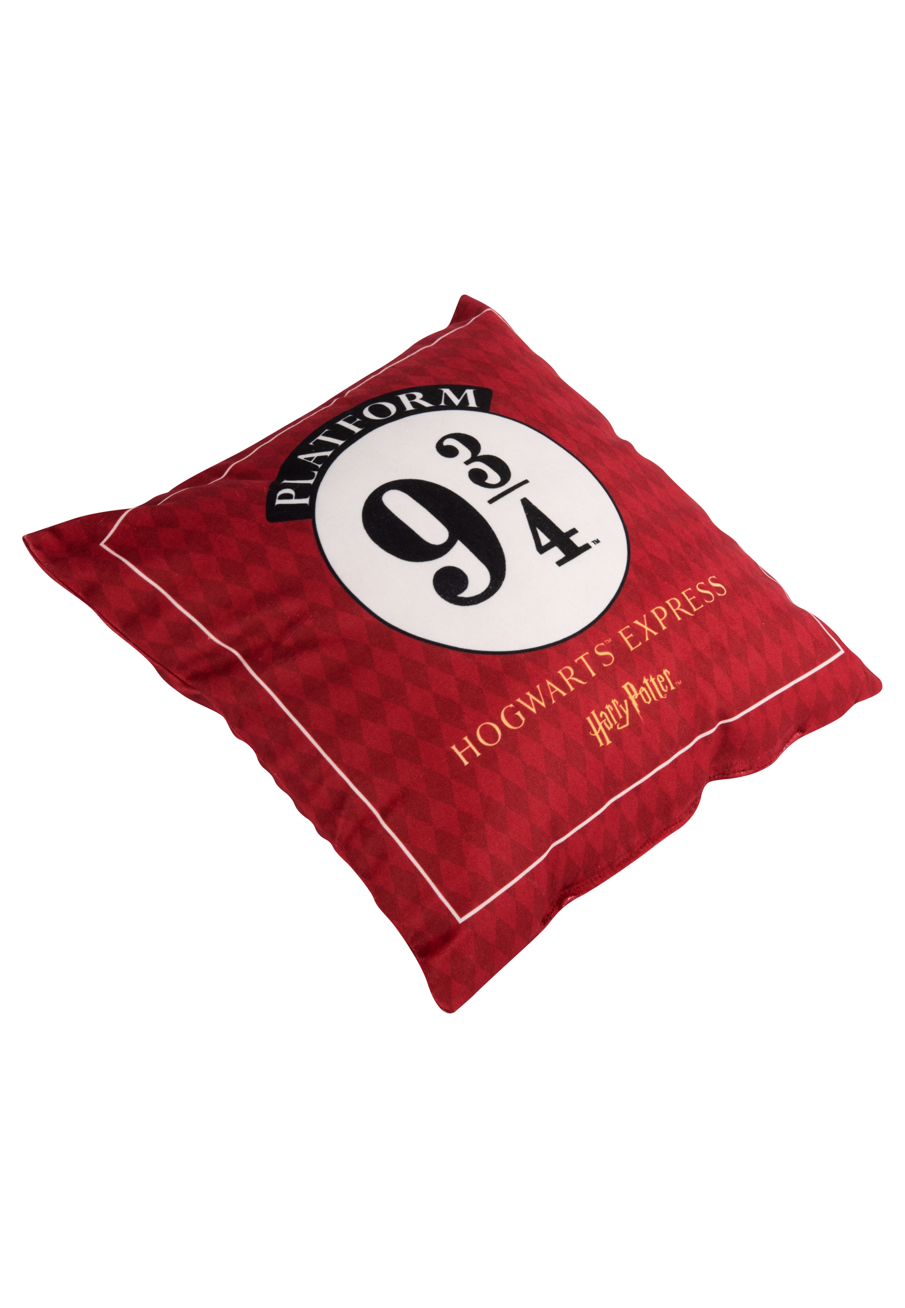 Rotes Kissen mit Platform 9 3/4 Logo von Harry Potter. Roter Rautenmuster-Hintergrund.