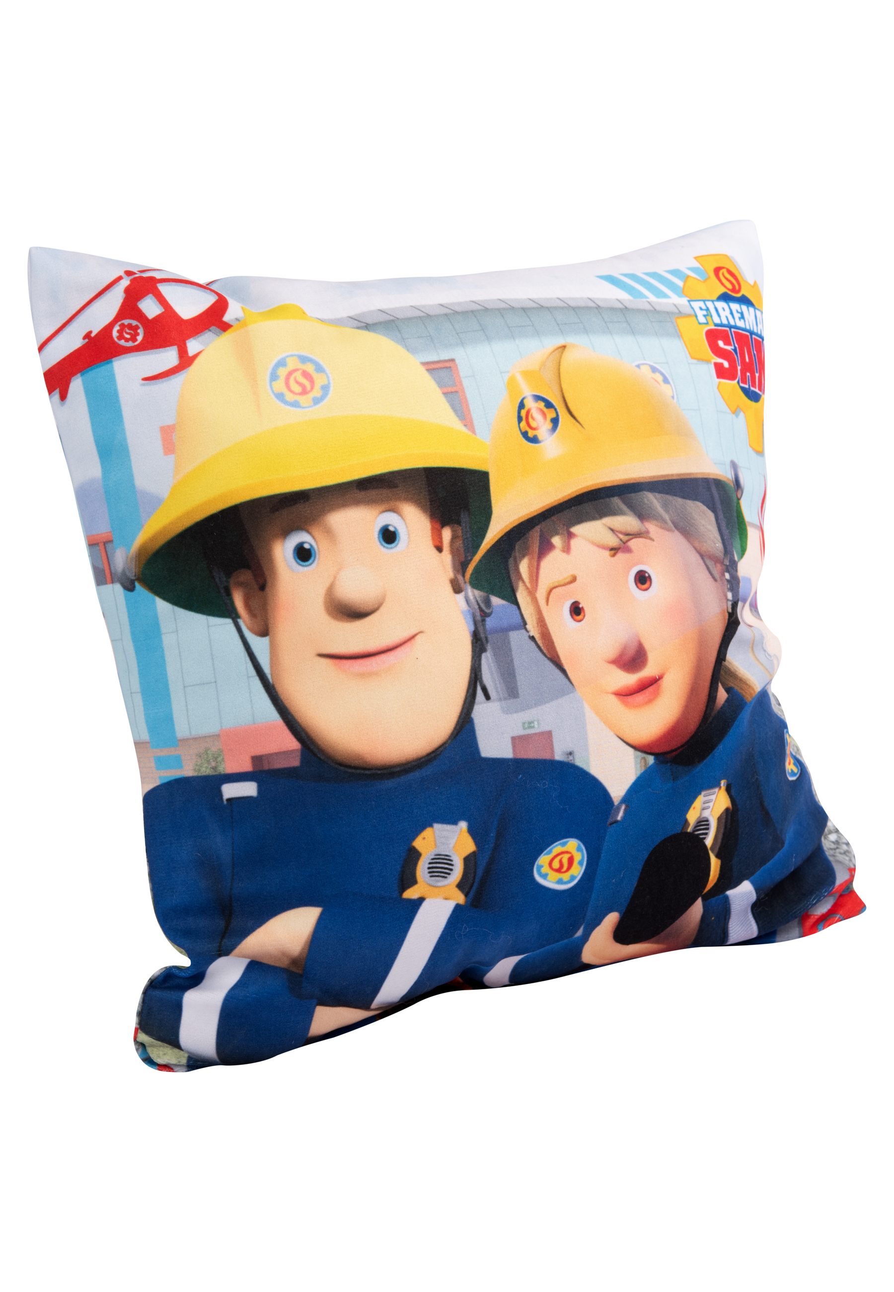 Ein quadratisches Kissen mit einem Cartoonbild von zwei Cartoon-Feuerwehrmännern in gelben Helmen und blauen Uniformen.