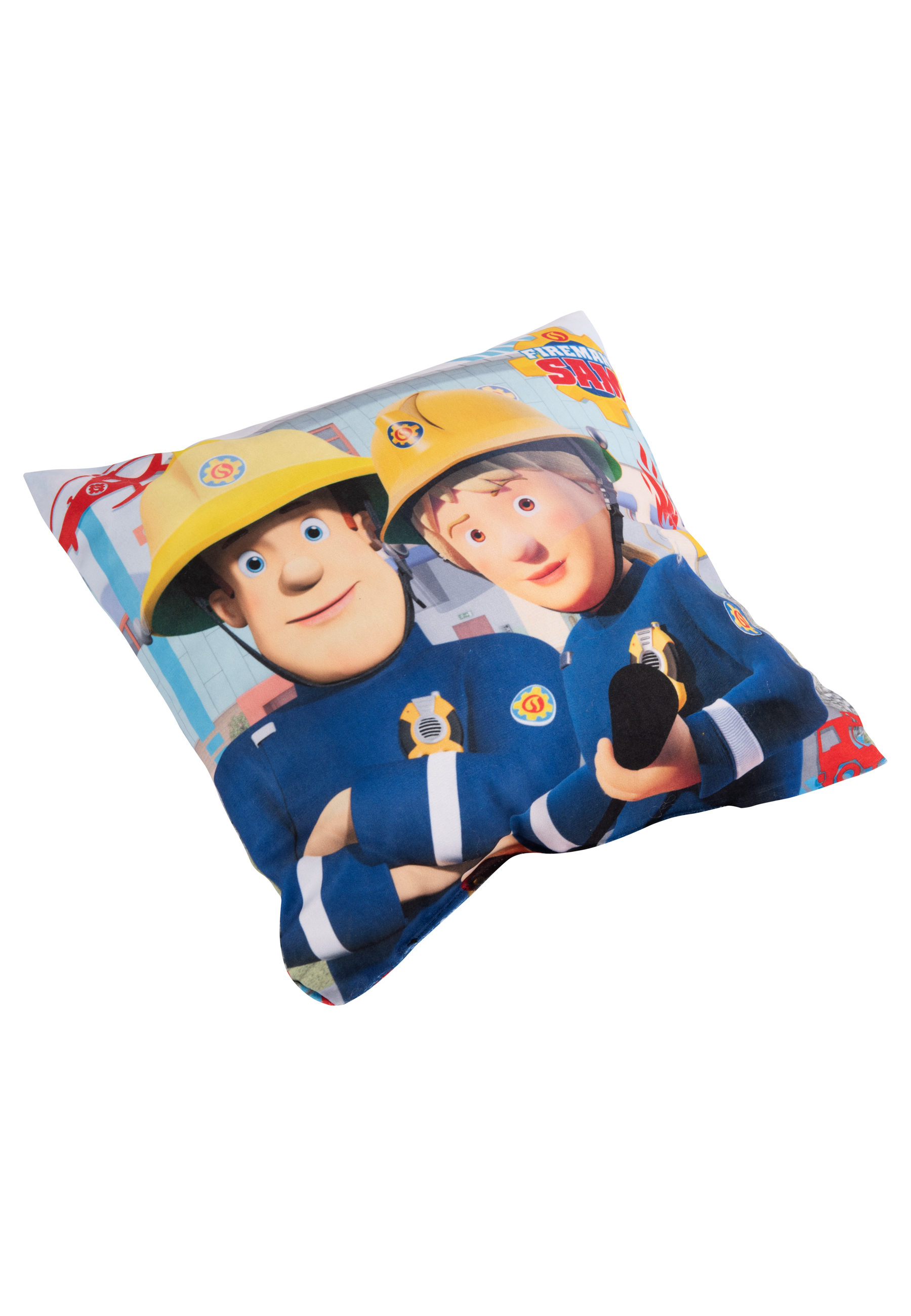 Ein Kissen mit zwei Cartoon-Feuerwehrleuten darauf.