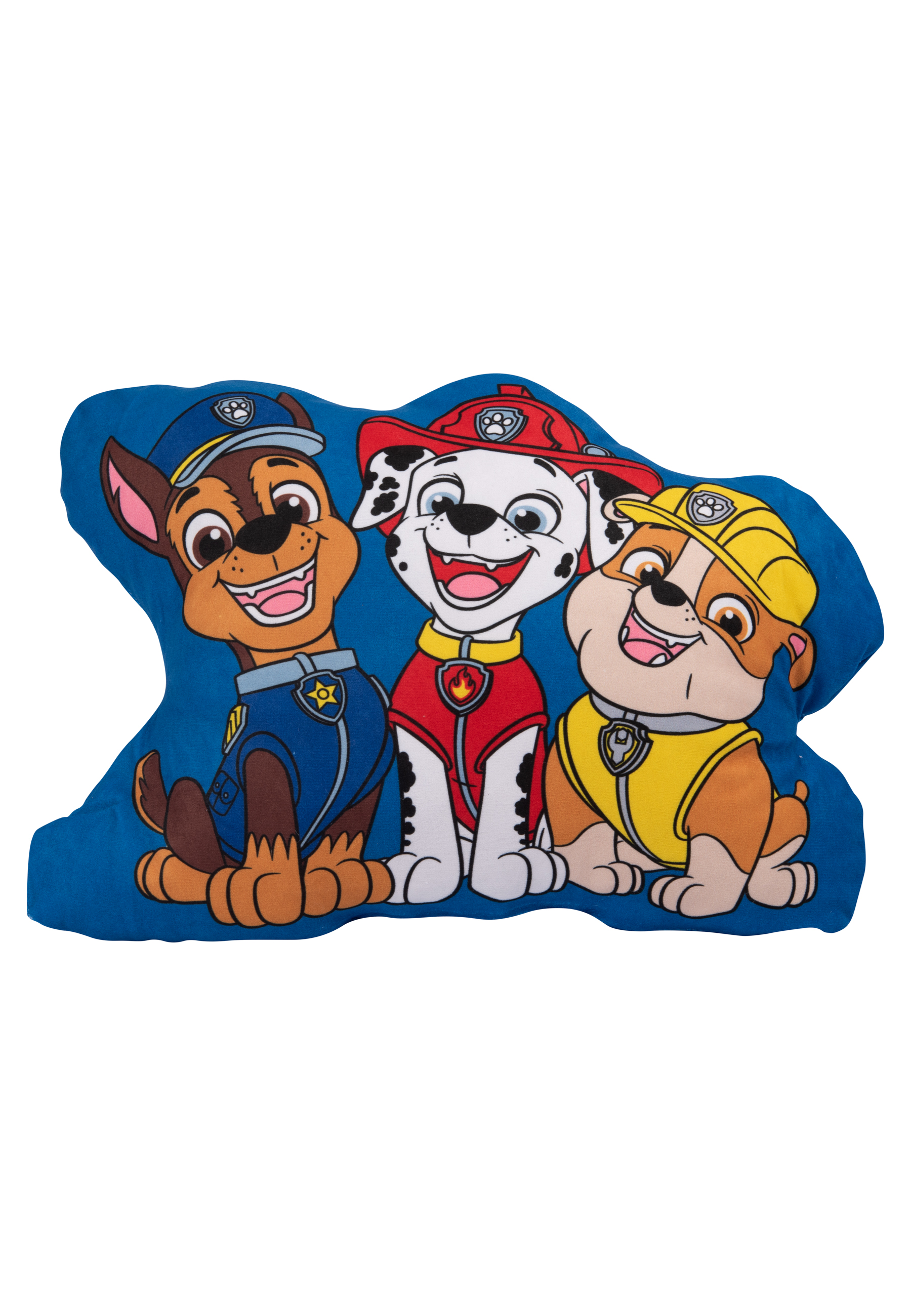 Paw Patrol Kissen mit Chase, Marshall und Rubble Figuren auf blauem Hintergrund.