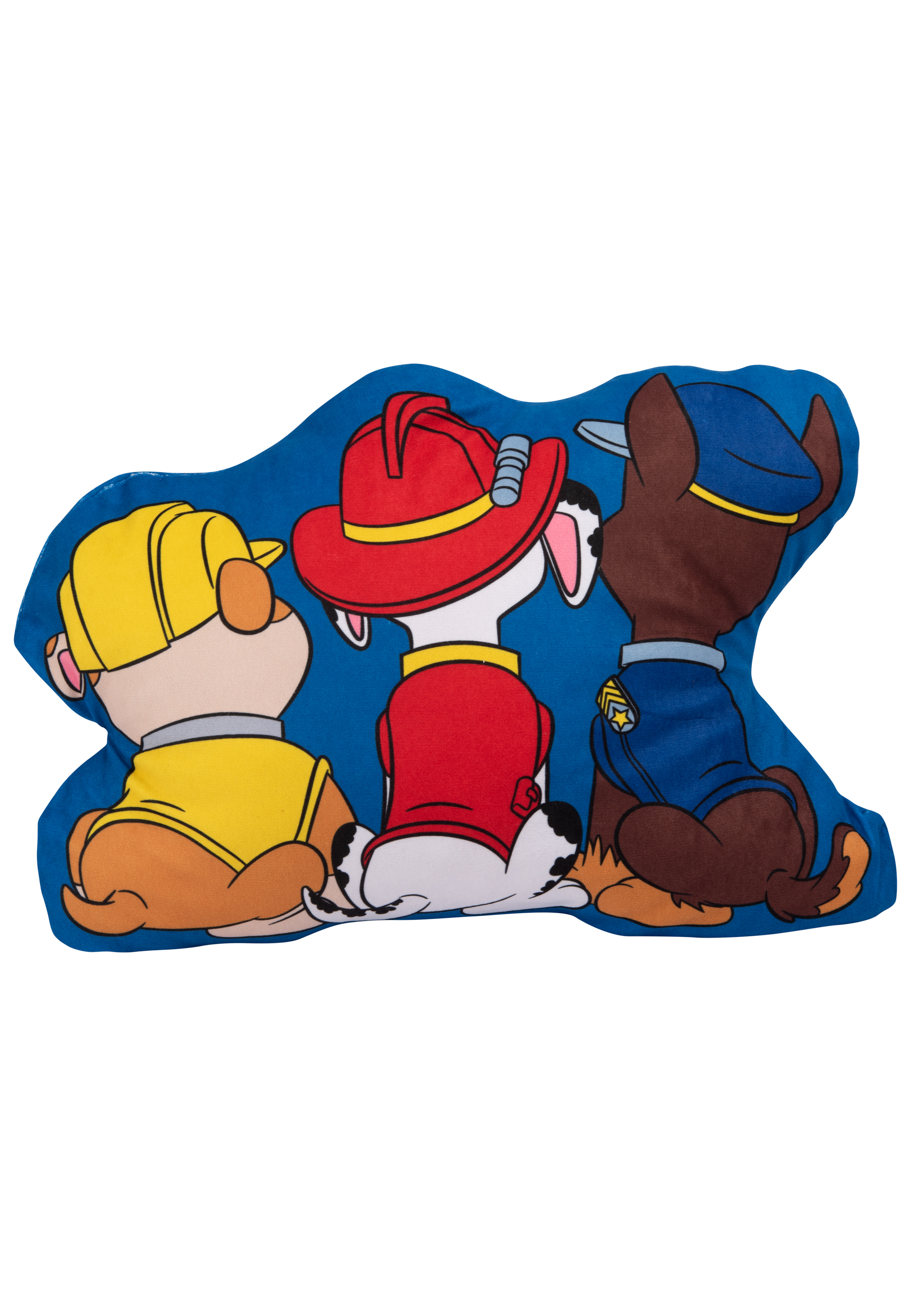 Drei Comic-Hundcharaktere in Uniformen sitzen auf einem blauen Kissen. Sie schauen nach rechts.