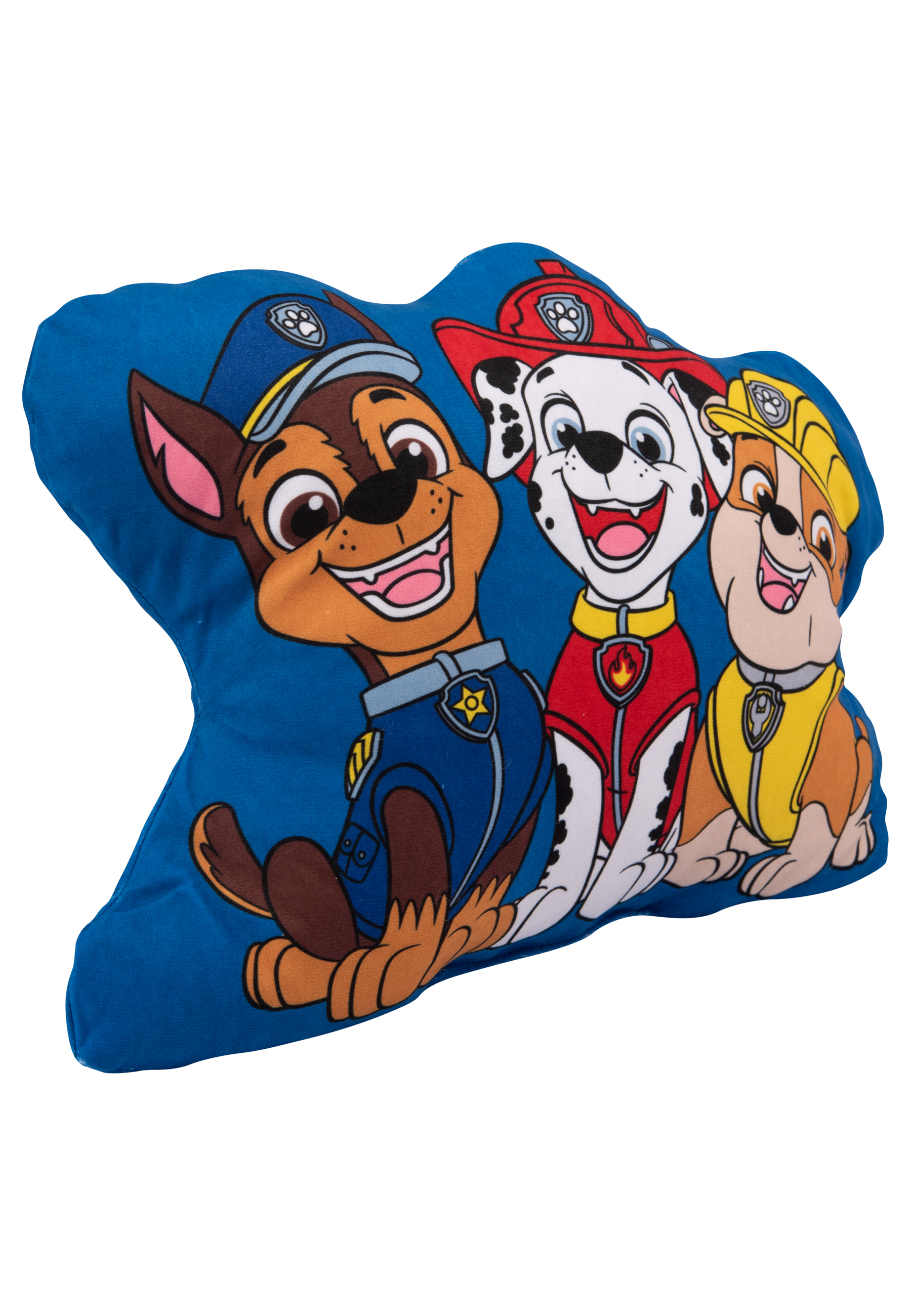 Ein Paw Patrol Kissen mit den Charakteren Chase, Marshall und Rubble auf blauem Hintergrund.