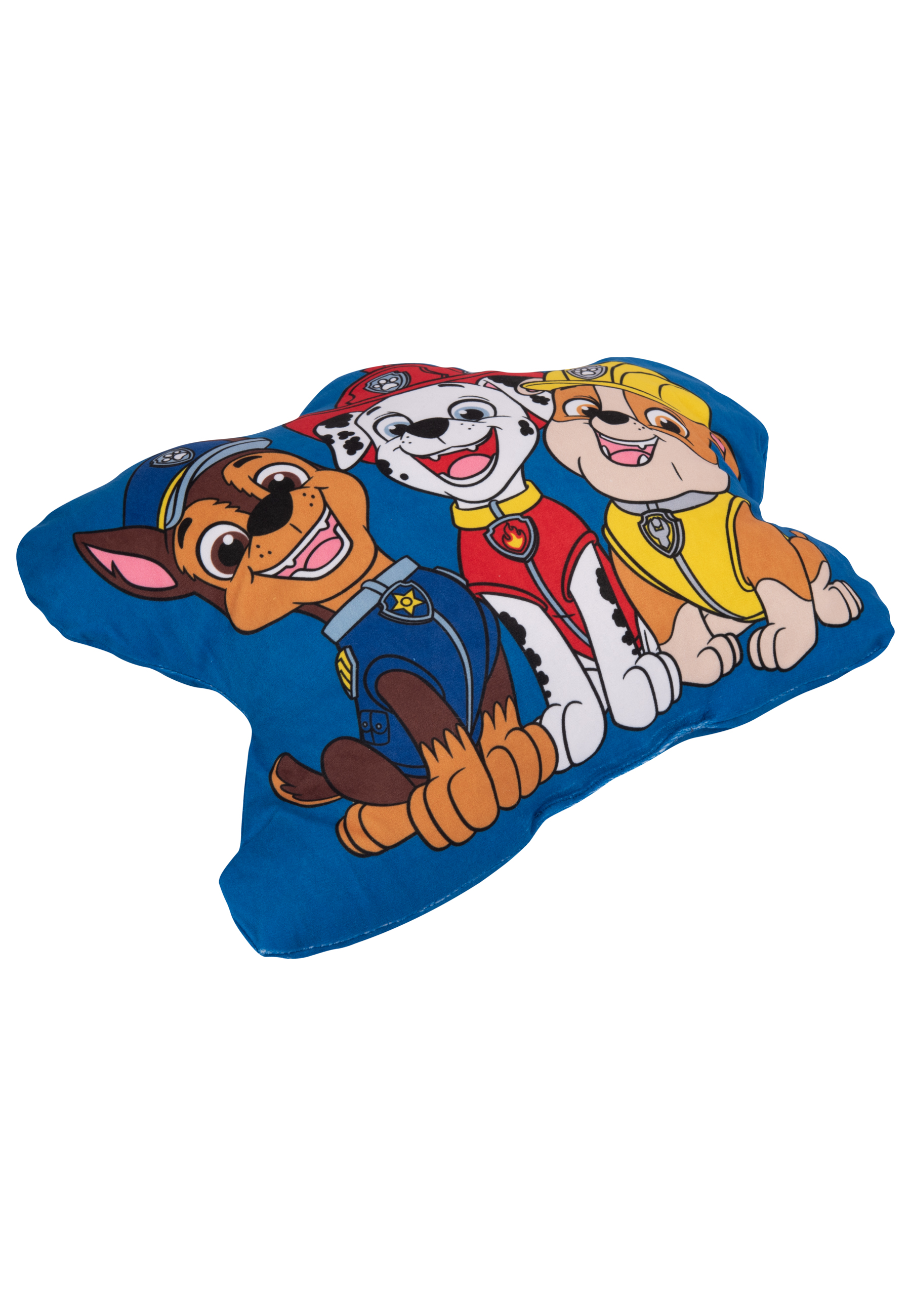 Blaues, sternförmiges Paw Patrol Kissen mit den Cartoon-Figuren Chase, Marshall und Rubble.