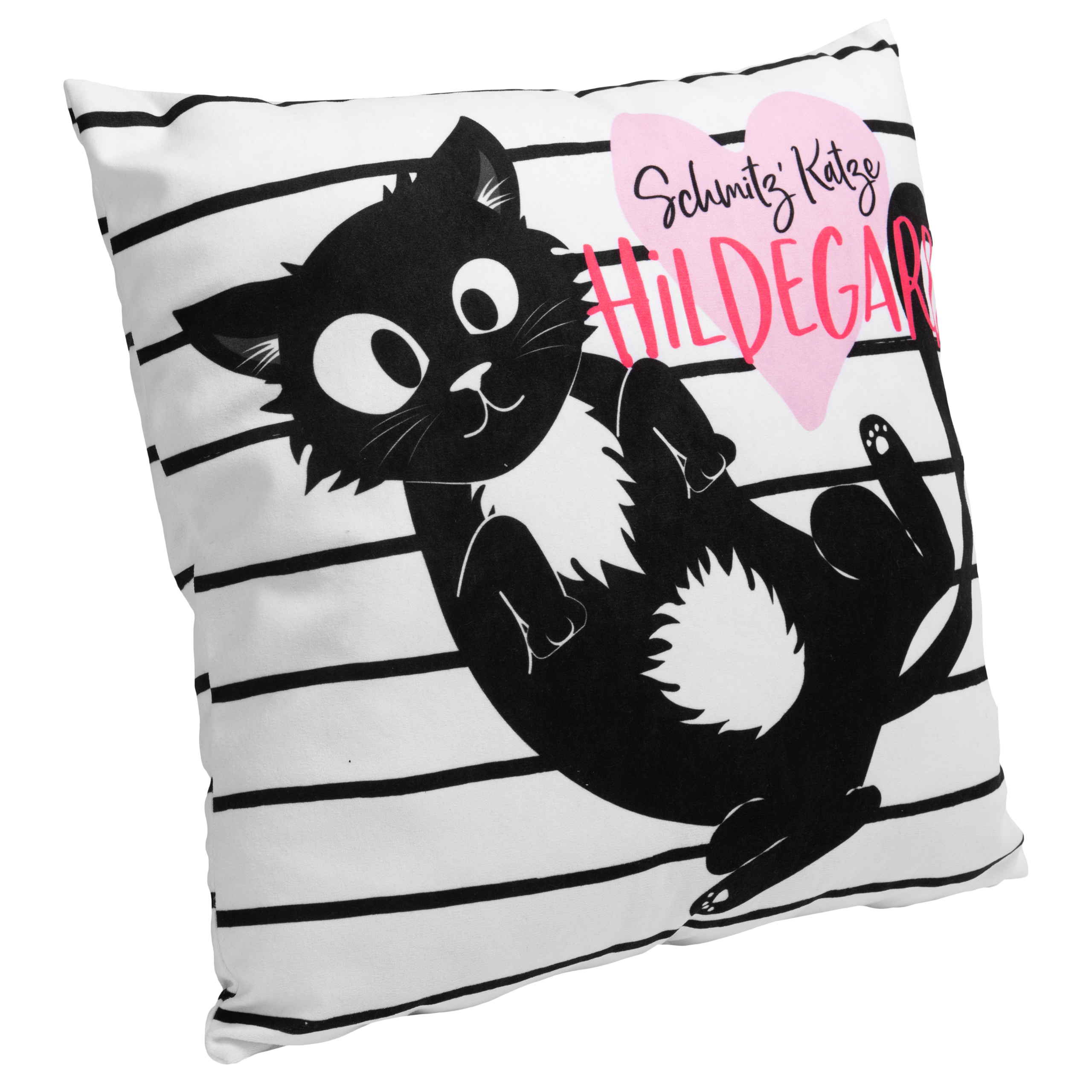 Weißes Kissen mit schwarzen Streifen und einer Zeichentrickkatze. Ein rosa Herz sagt 'Schmitz Katze Hildegar'.