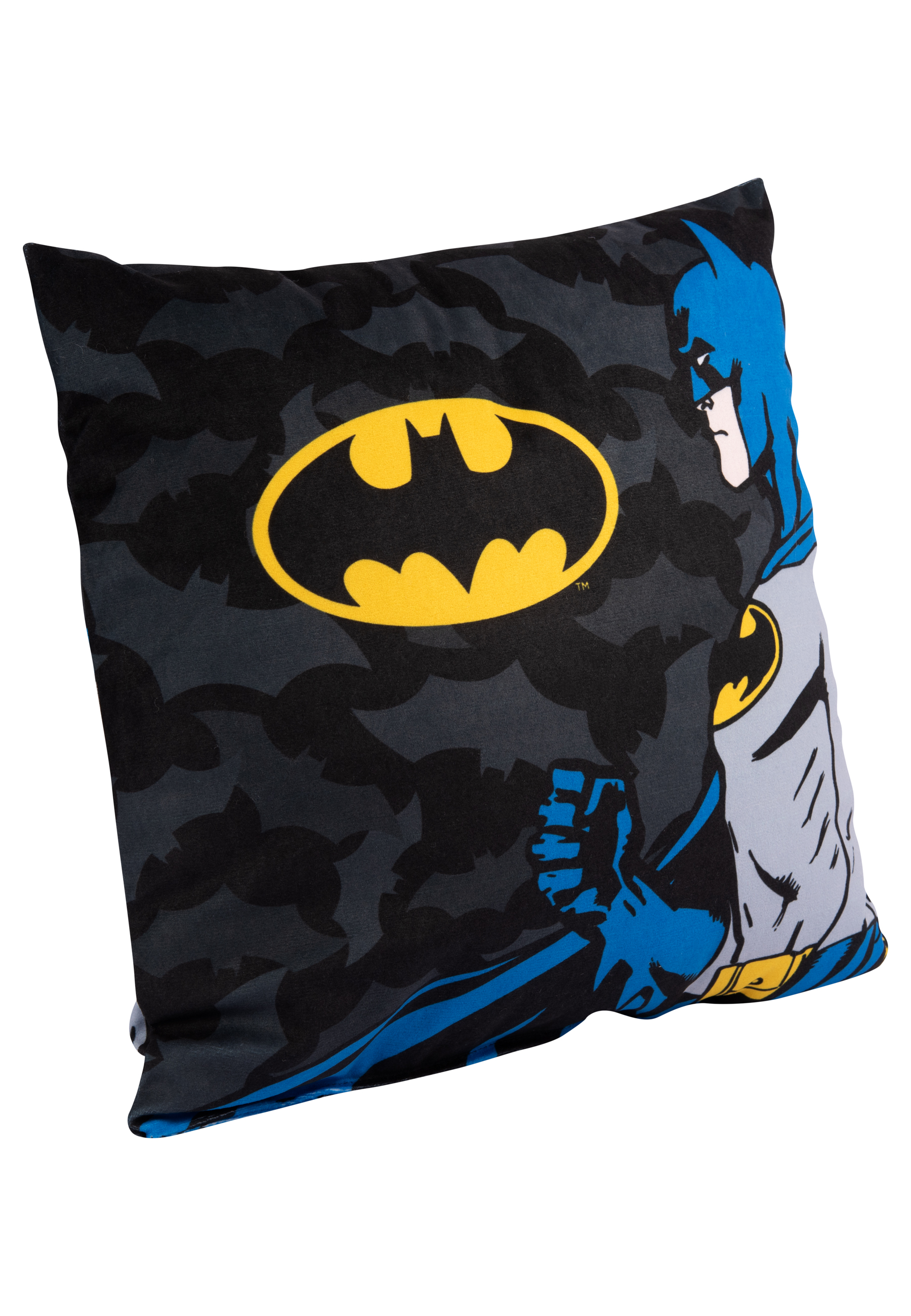 Batman-Kissen auf weißem Hintergrund. Das Kissen hat ein Batman-Logo und ein Seitenprofil von Batman.
