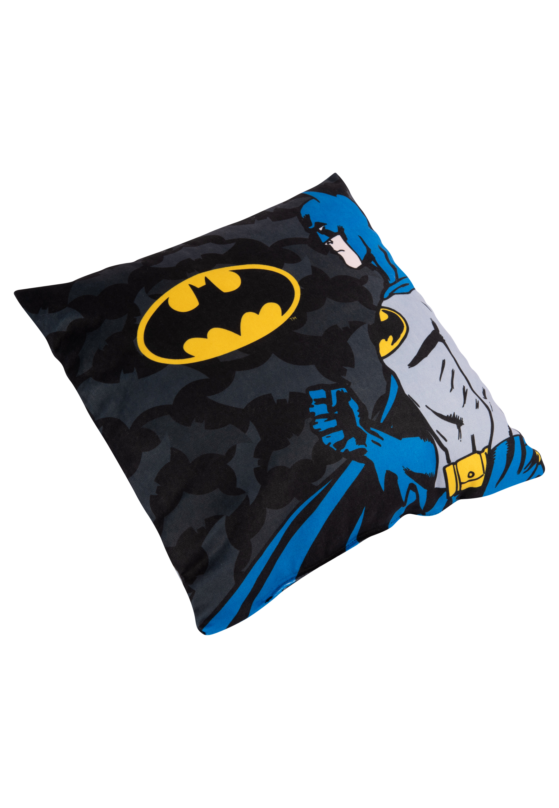 Batman-Kissen. Batman-Logo und -Figur. Schwarze und blaue Farben. Weißer Hintergrund.