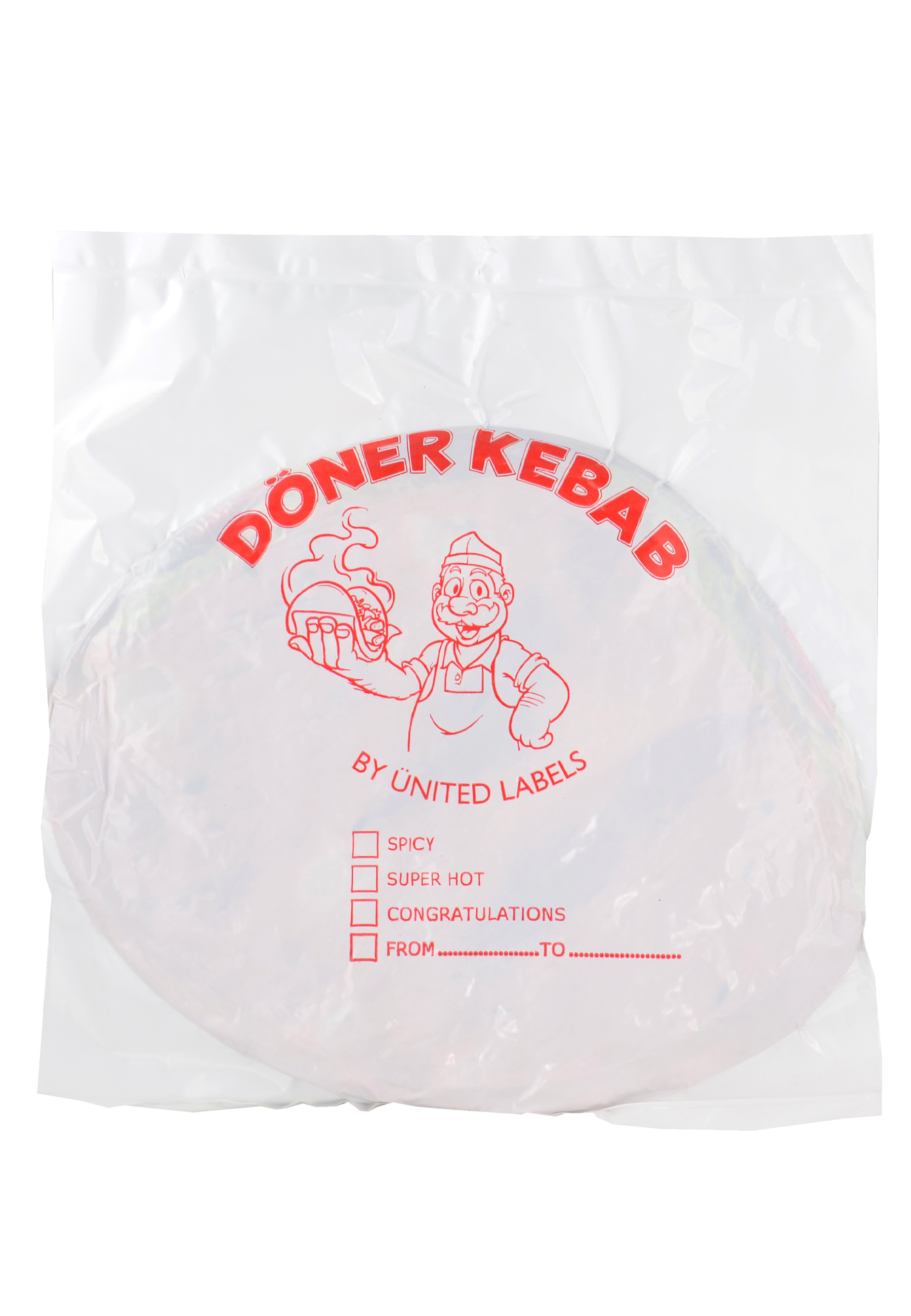 Eine transparente Plastiktüte mit einem roten Aufdruck "DONER KEBAB" und einem Cartoonbild.