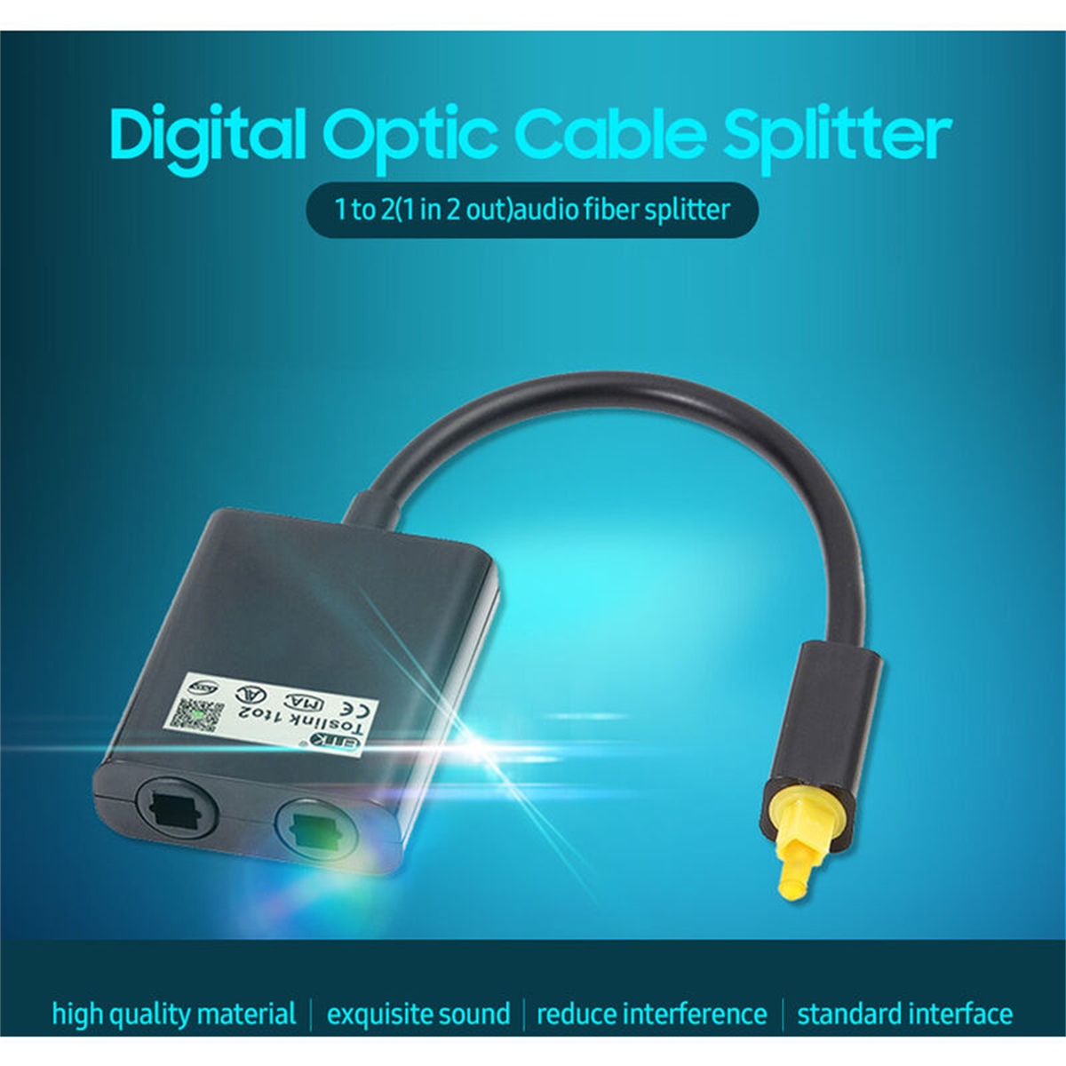 Schwarzer digitaler optischer Kabelverteiler mit gelbem Stecker. Es ist auf blauem Hintergrund.
