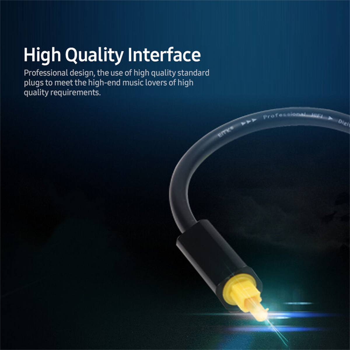 Schwarzes optisches Kabel mit gelber Spitze, Text mit High Quality Interface ist sichtbar.