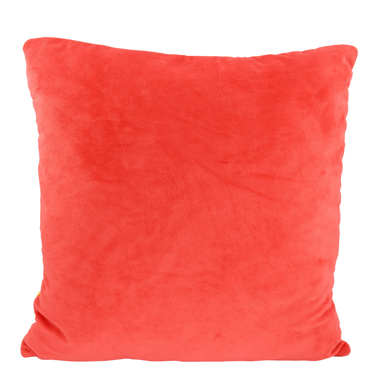 Ein rotes Plüschkissen. Es ist quadratisch geformt. Das Kissen befindet sich auf weißem Hintergrund.