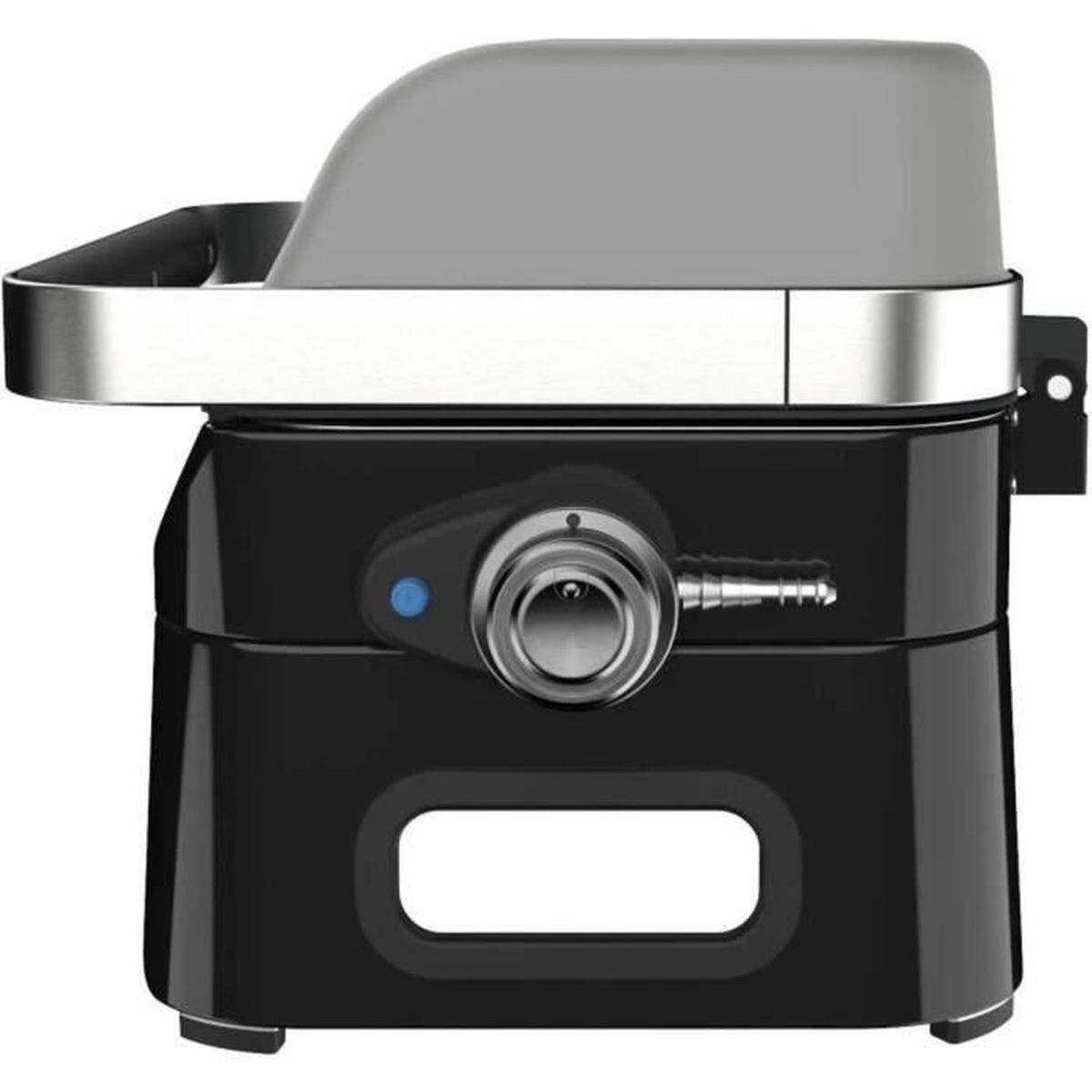 Parrilla negra con tapa gris. Tiene una perilla de control y una entrada de gas.