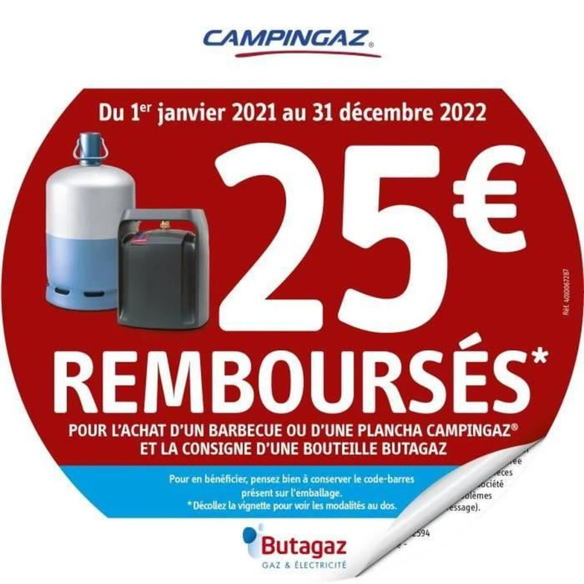 Un circular promocional para un reembolso de 25 euros por la compra de una barbacoa o un producto Campingaz.