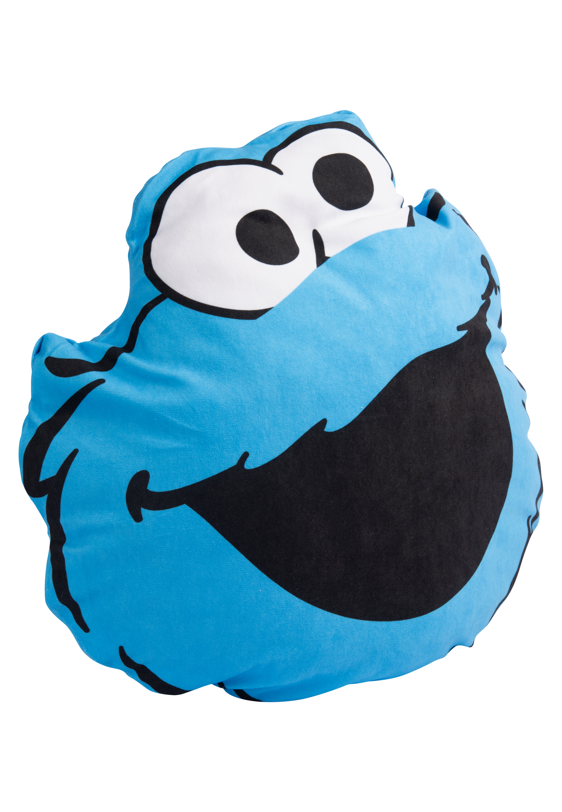 Ein Cookie Monster Kissen, blau mit weißen Augen und einem großen schwarzen Mund.