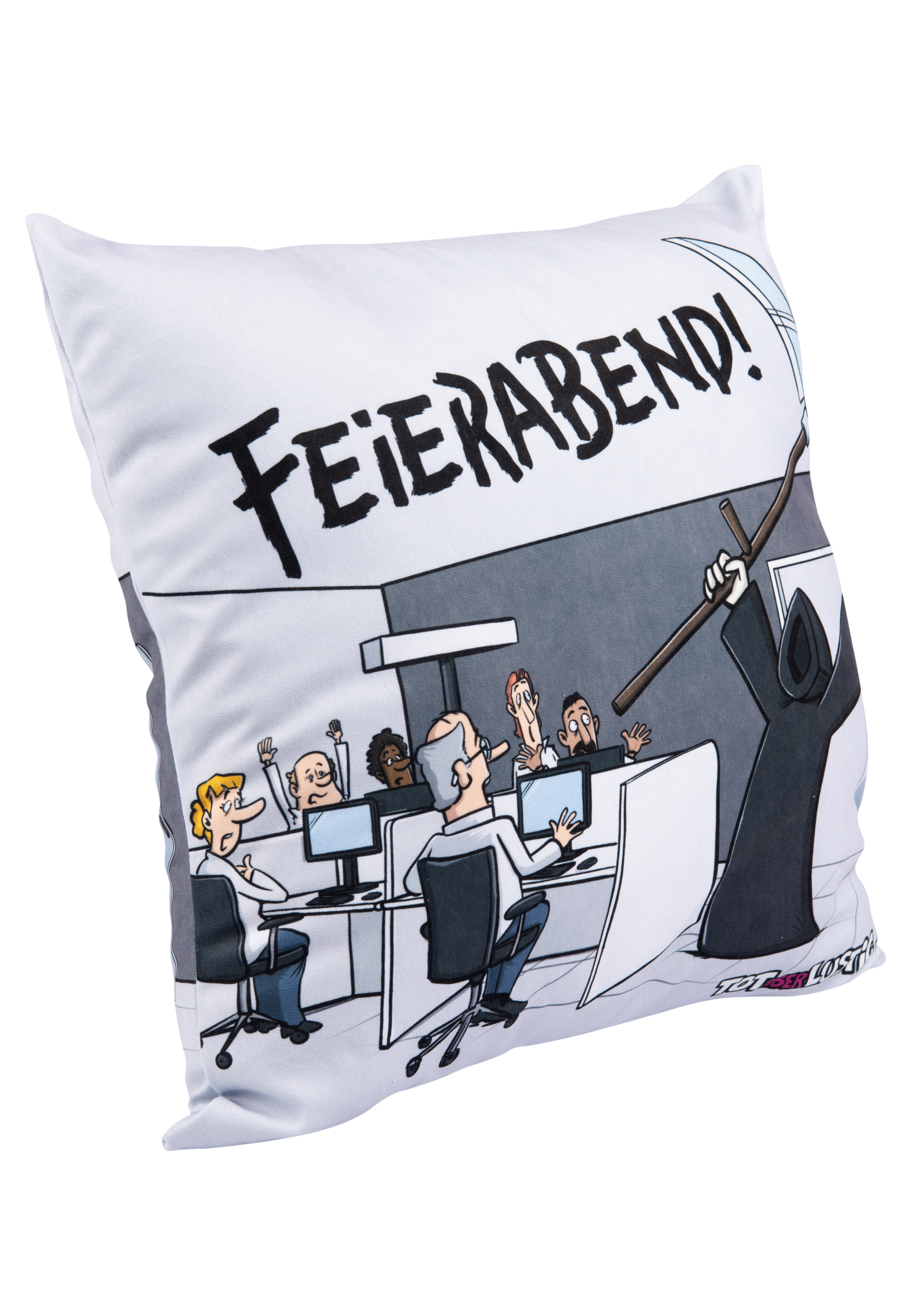 Ein Kissen mit einer humorvollen Cartoon-Szene eines Büros und des Sensenmanns.