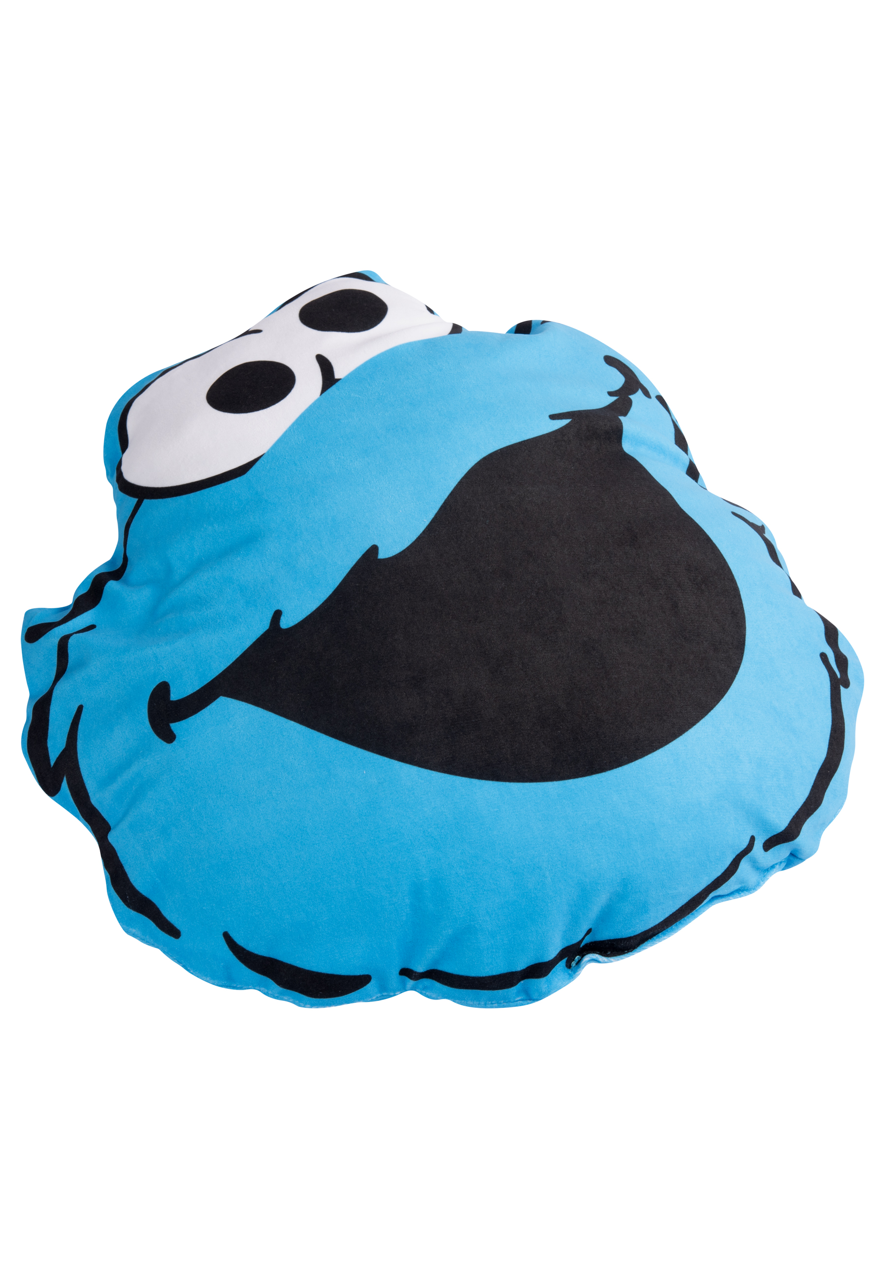 Krümelmonster-Kissen, blau mit schwarzer Umrandung und weißen Augen und Mund, auf weißem Hintergrund.