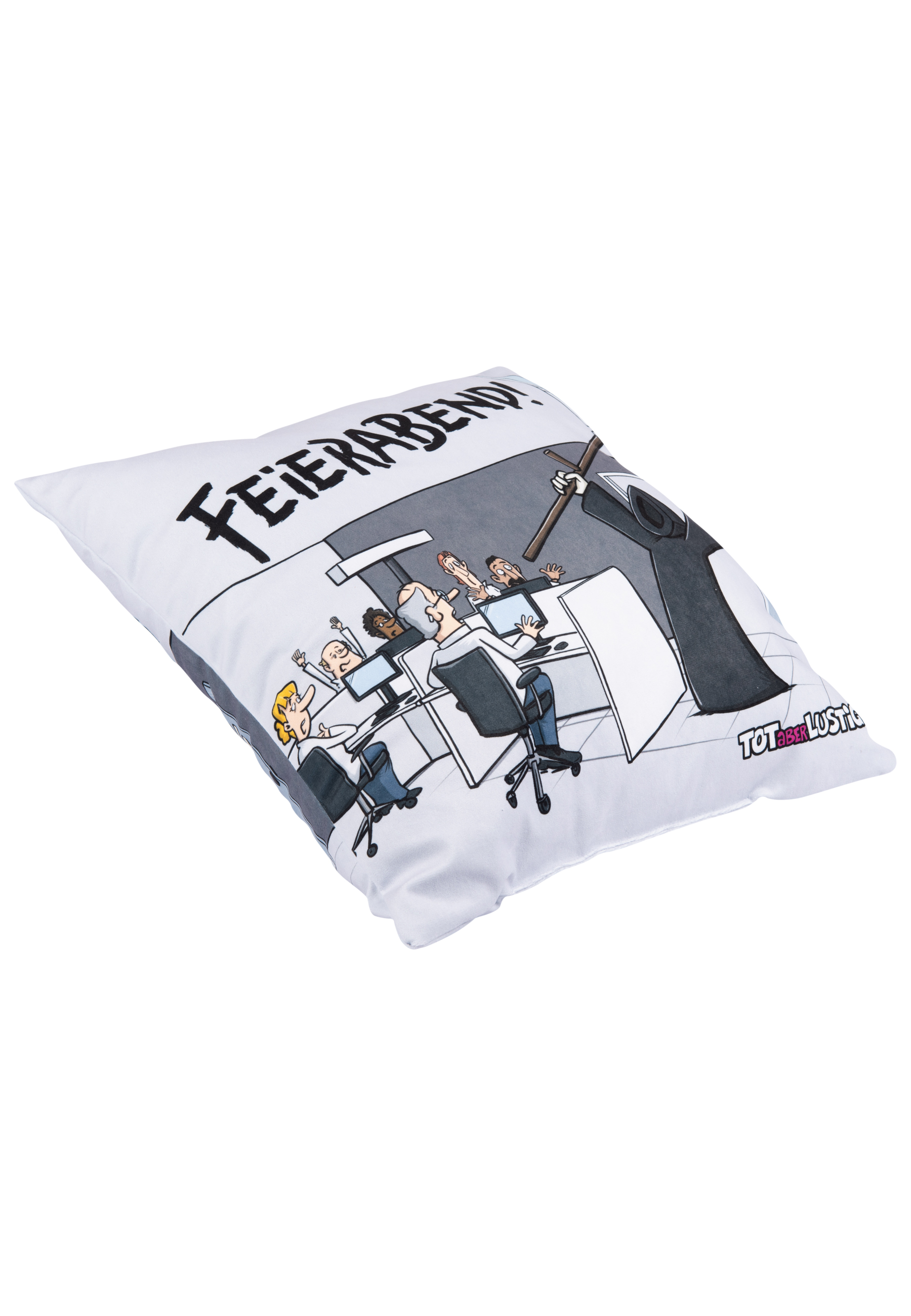 Ein Kissen mit einer Karikatur von Leuten bei der Arbeit und dem Sensenmann. Der Text ist 'Feierabend'.