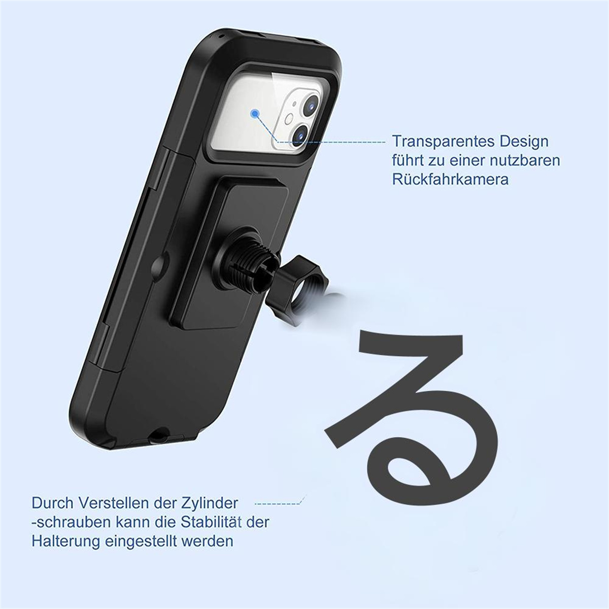 Schwarze Handyhülle an einer Handyhalterung befestigt. Text auf Deutsch. Schraube zum Einstellen.