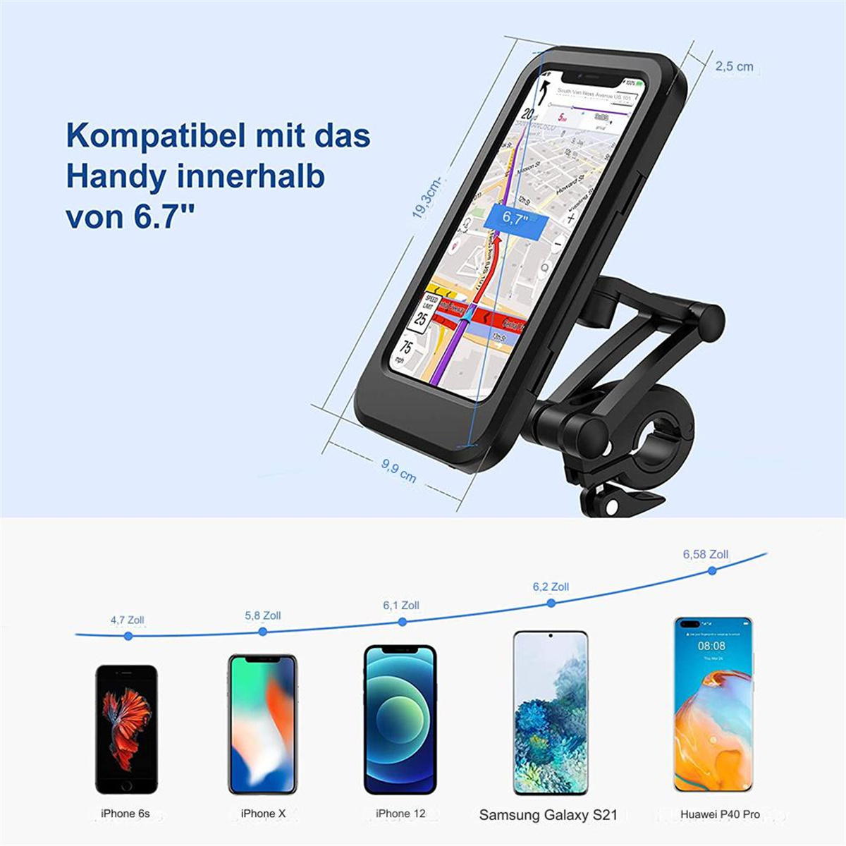 Ein Telefon in einer Halterung mit Abmessungen und einer Tabelle mit Telefonmodellen.