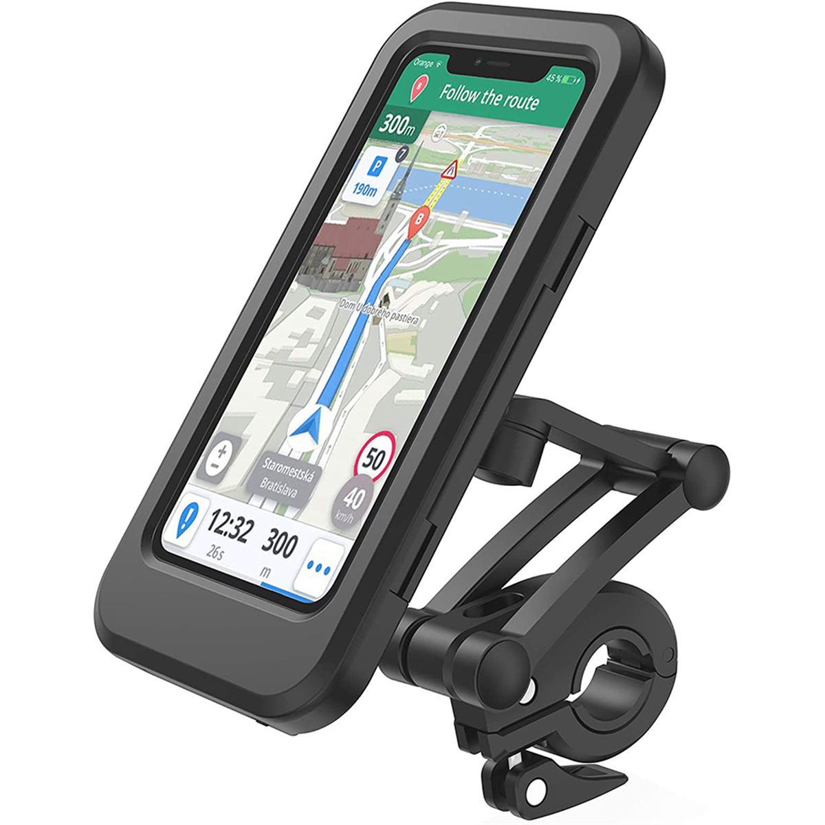 Ein schwarzes Telefon ist an einem Fahrradlenker montiert und zeigt eine Navigations-App mit einer Route.