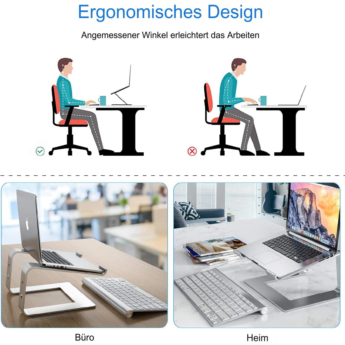 Diagramm, das die richtige und falsche ergonomische Haltung am Schreibtisch zeigt.