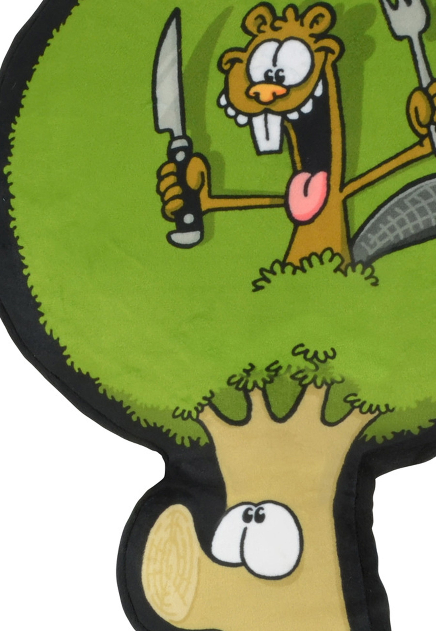 Ein Cartoon-Biber, der ein Messer und eine Gabel hält, mit einem Baum im Vordergrund.
